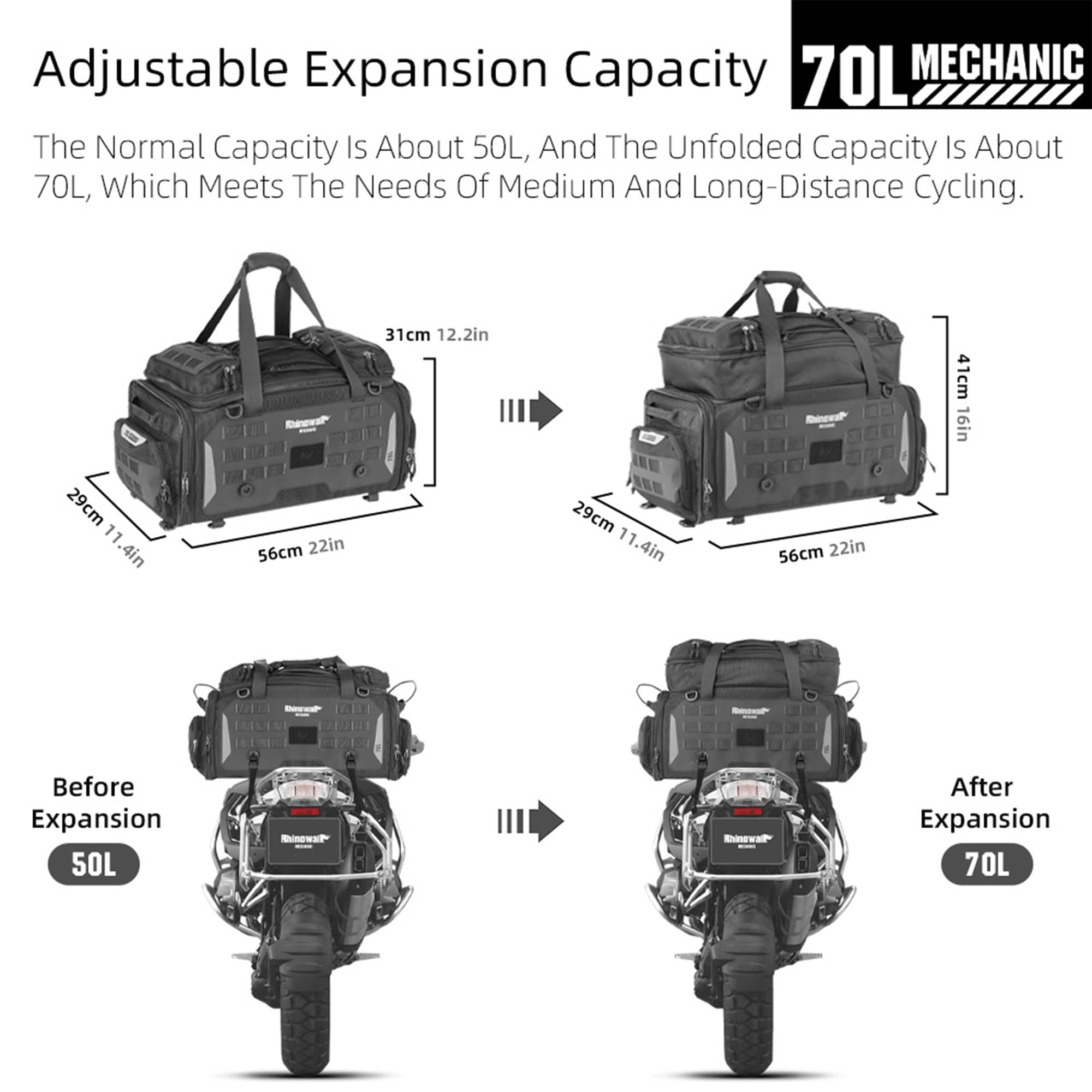 Rhinowalk Motorcycle Tail Bag - Expandable 50-70L Travel Luggage, Sport Saddle Bag, Waterproof Helmet Bag With Rain Cover, Backp