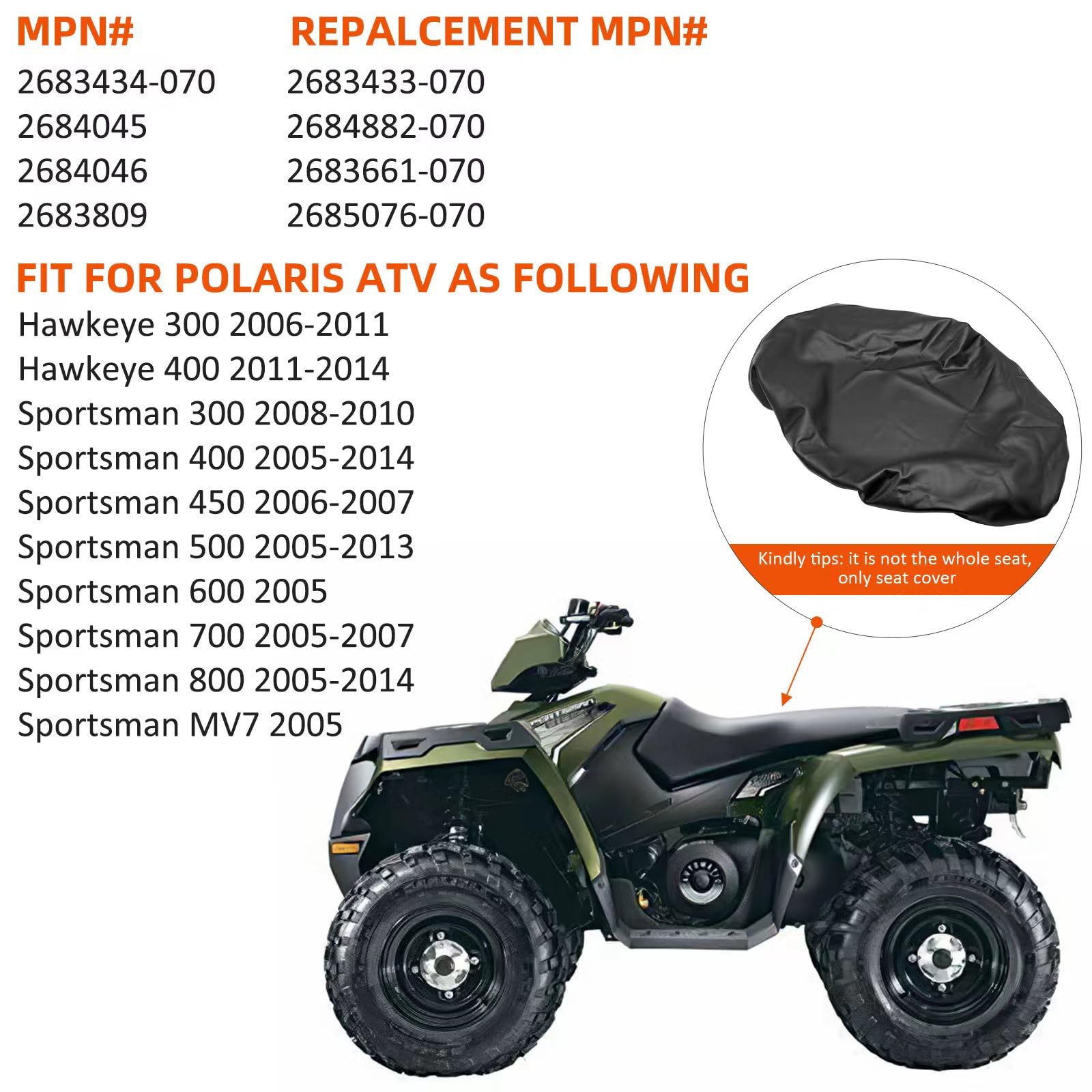 M Mati Atv Seat Cover Leather Compatible With Polaris Sportsman 500 400 300 700 450 600 800 Mv7 Hawkeye 2005-2014, Mpn# 2683434-