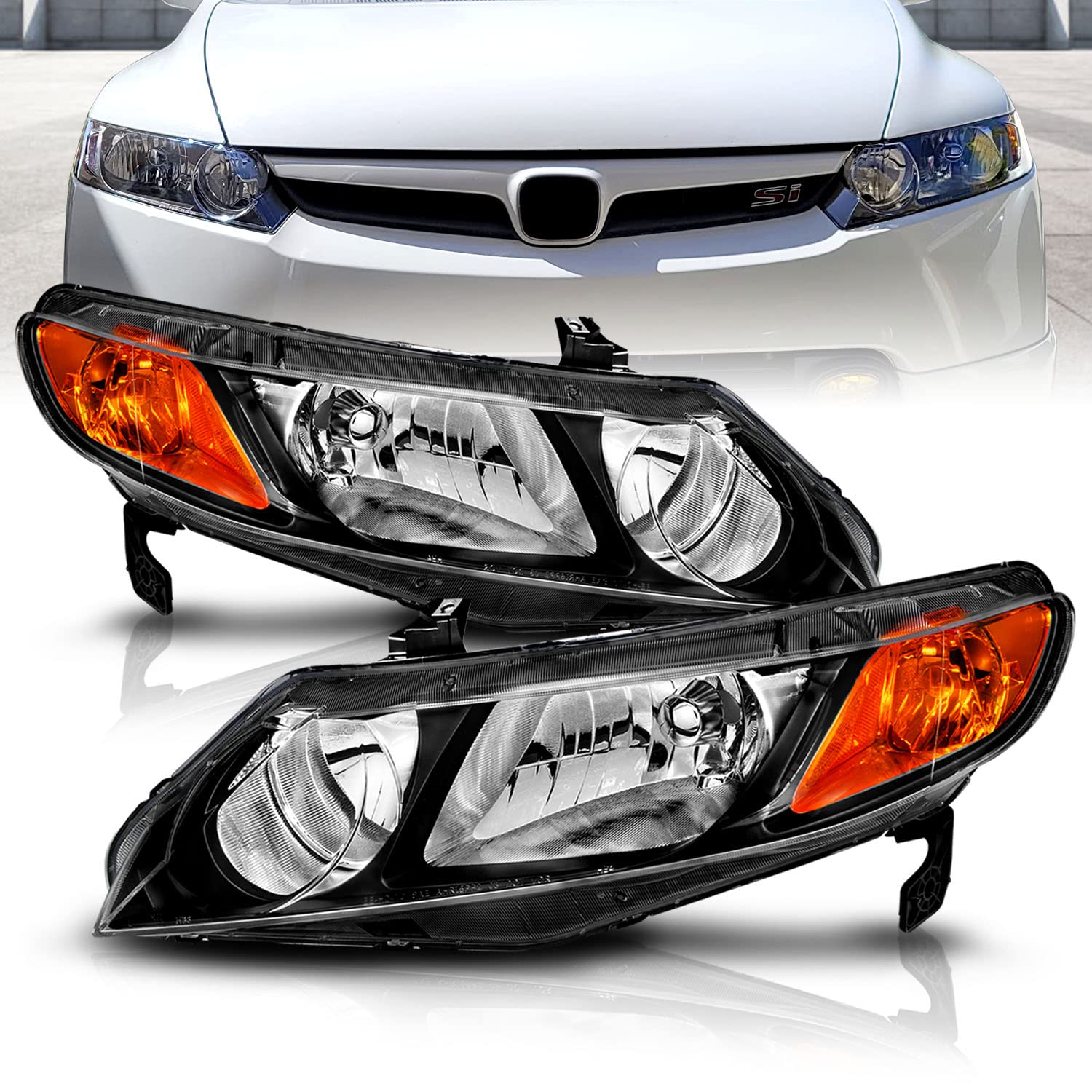Amerilite Jdm Black Replacement Halogen Headlights Set For 2006-2011 Honda Civic Sedan 4 Door/Hybrid - Passenger And Driver Side