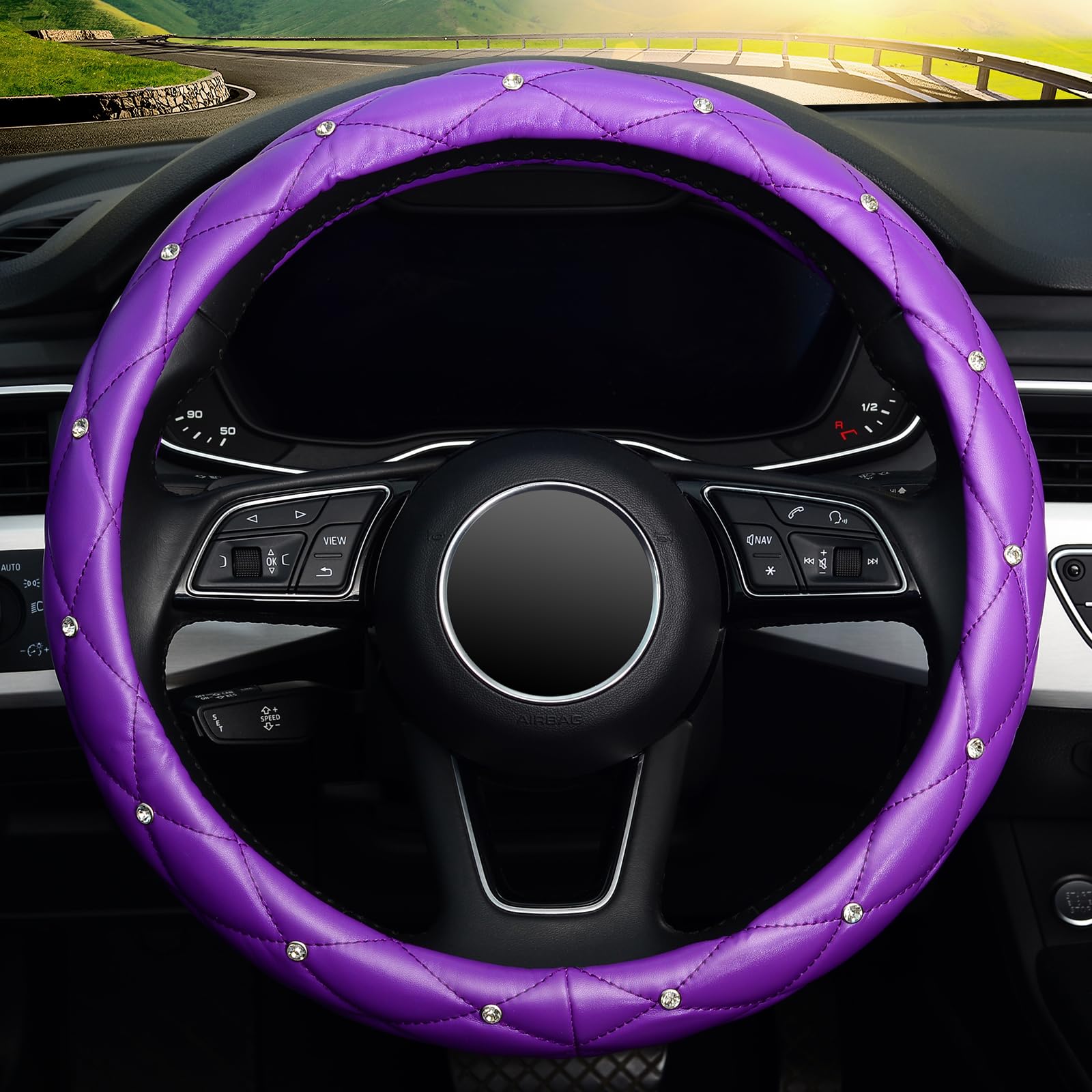 Kafeek Diamond Soft Leather Steering Wheel Cover With Bling Bling Crystal Rhinestones, Universal 15 Inch, Purple