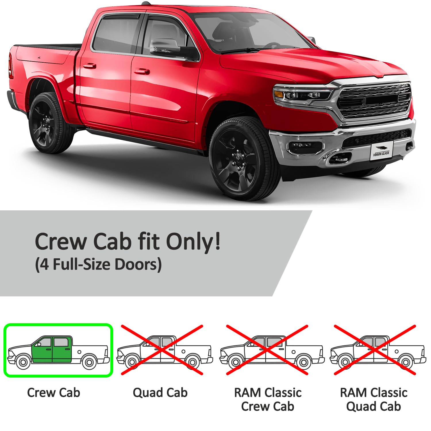 Voron Glass In-Channel Extra Durable Rain Guards For Trucks Dodge Ram 1500 2019-2025 Crew Cab, Window Deflectors, Vent Window Vi