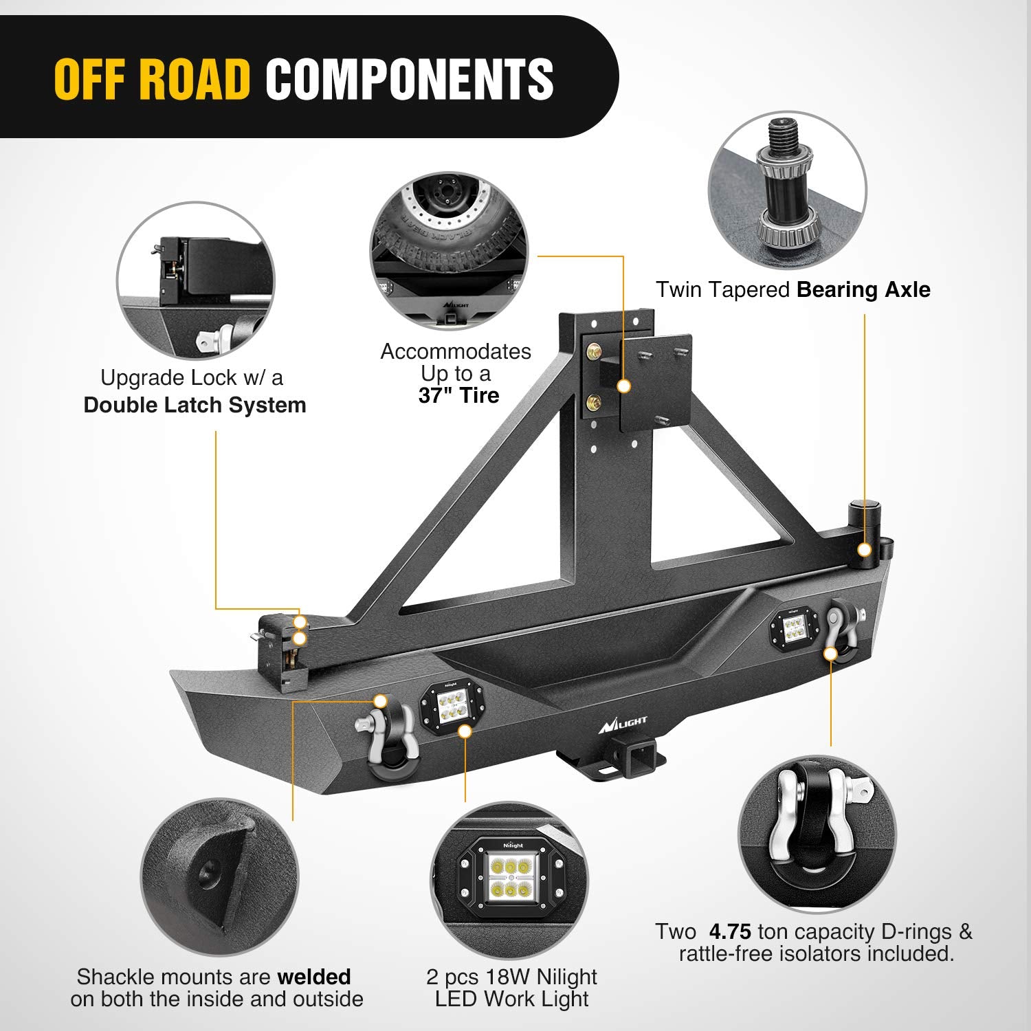 Nilight Rear Bumper & Spare Tire Rack & Hitch Receiver W/2 Led Lights Compatible For 2007-2018 Jeep Wrangler Jk For 2007-2018 Je