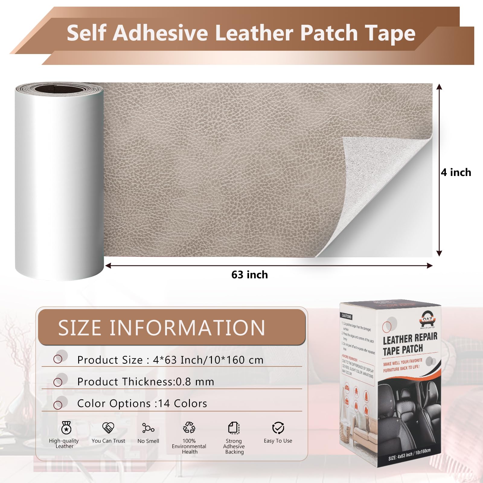 Leather Repair Patch Self Adhesive, 4X63 Inch Leather Repair Kit For Furniture, Leather Repair Tape For Car Seat, Sofa, Couch, C