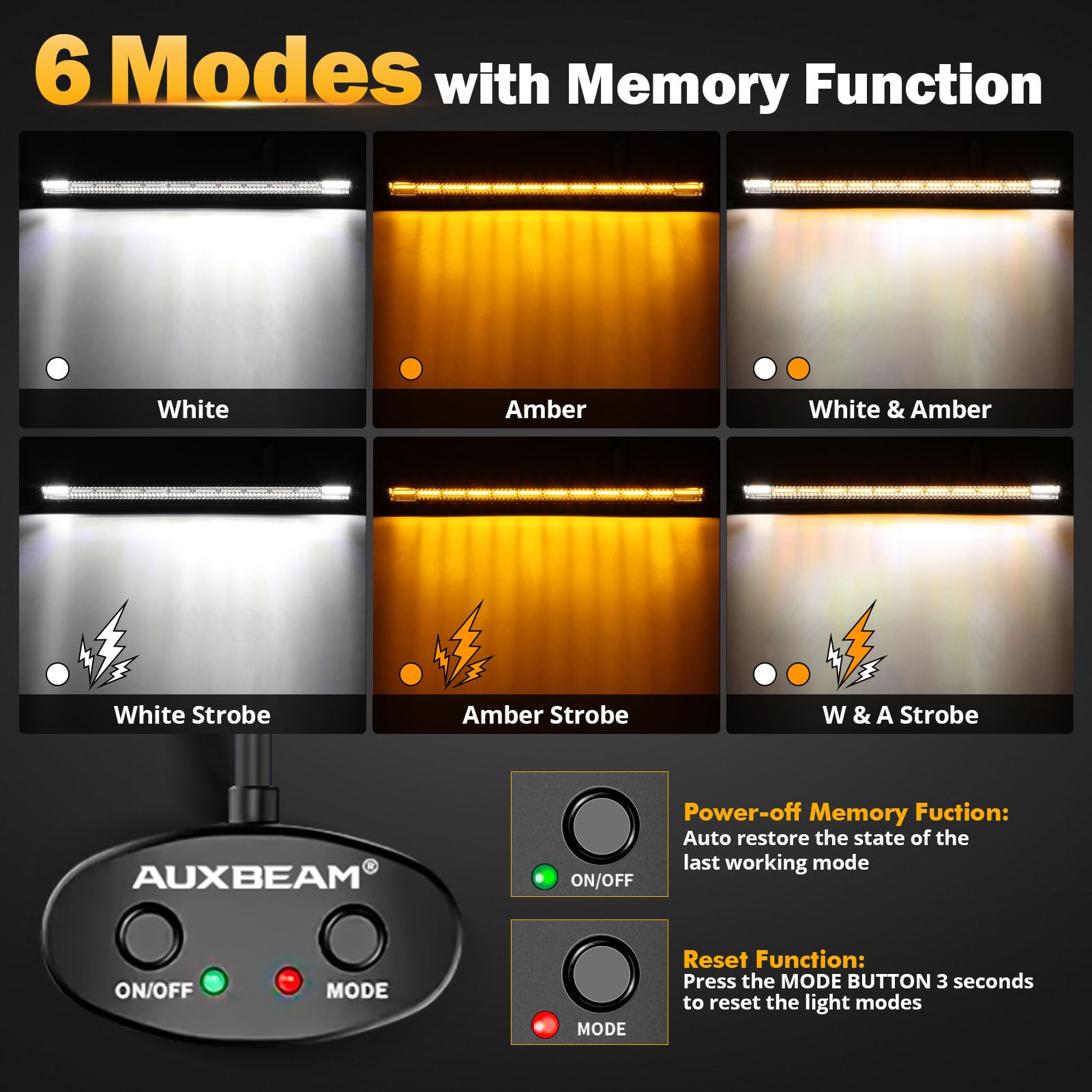 Auxbeam Led Straight Light Bar 50 Inch 288W Amber White Fog Lights, 6 Modes Strobe Yellow Offroad Driving Work Light With Memory