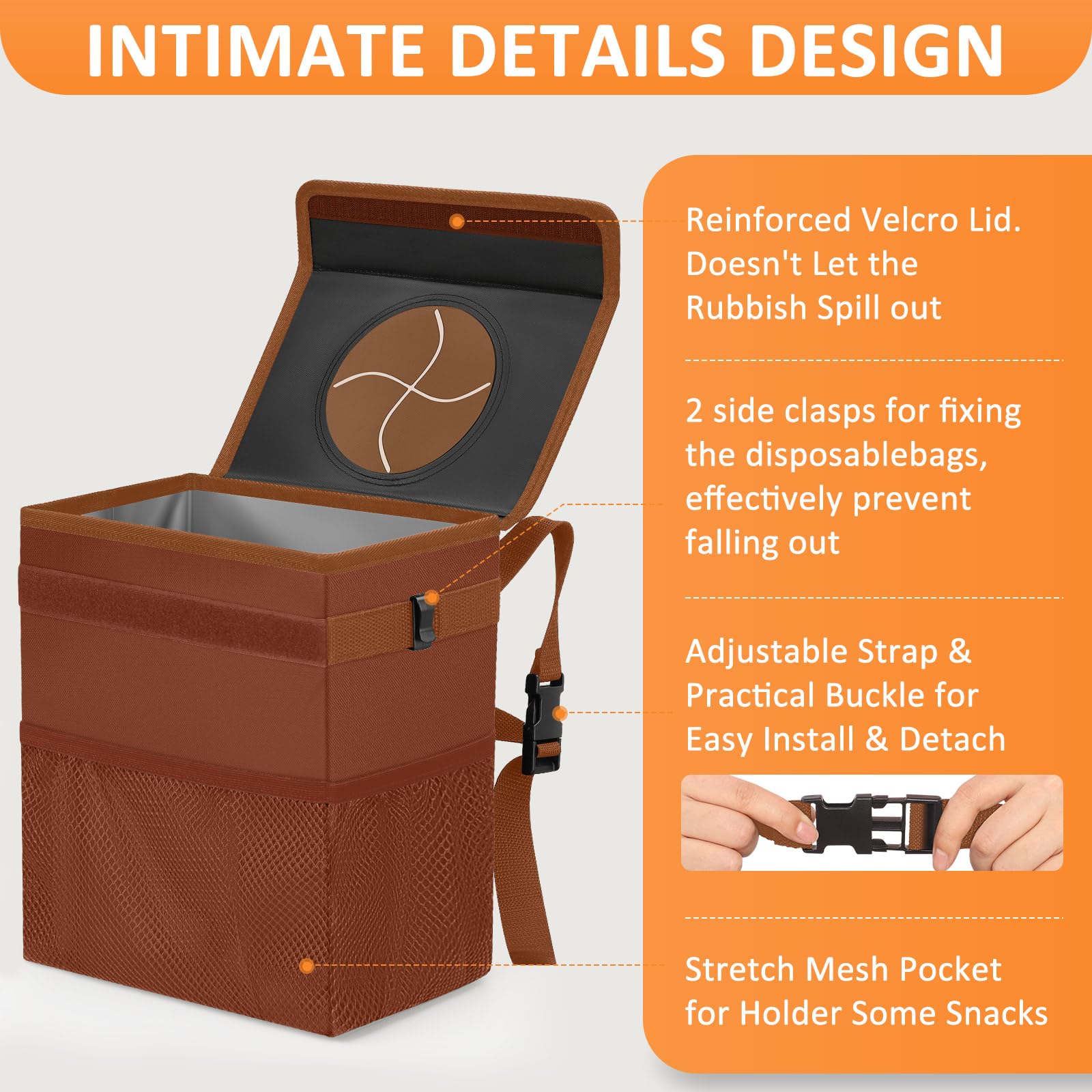 Vankor Car Trash Can, Brown, 2.2 Gallons Capacity, Waterproof, Polyester Material, Adjustable Strap, Hanging Design, Leakproof L