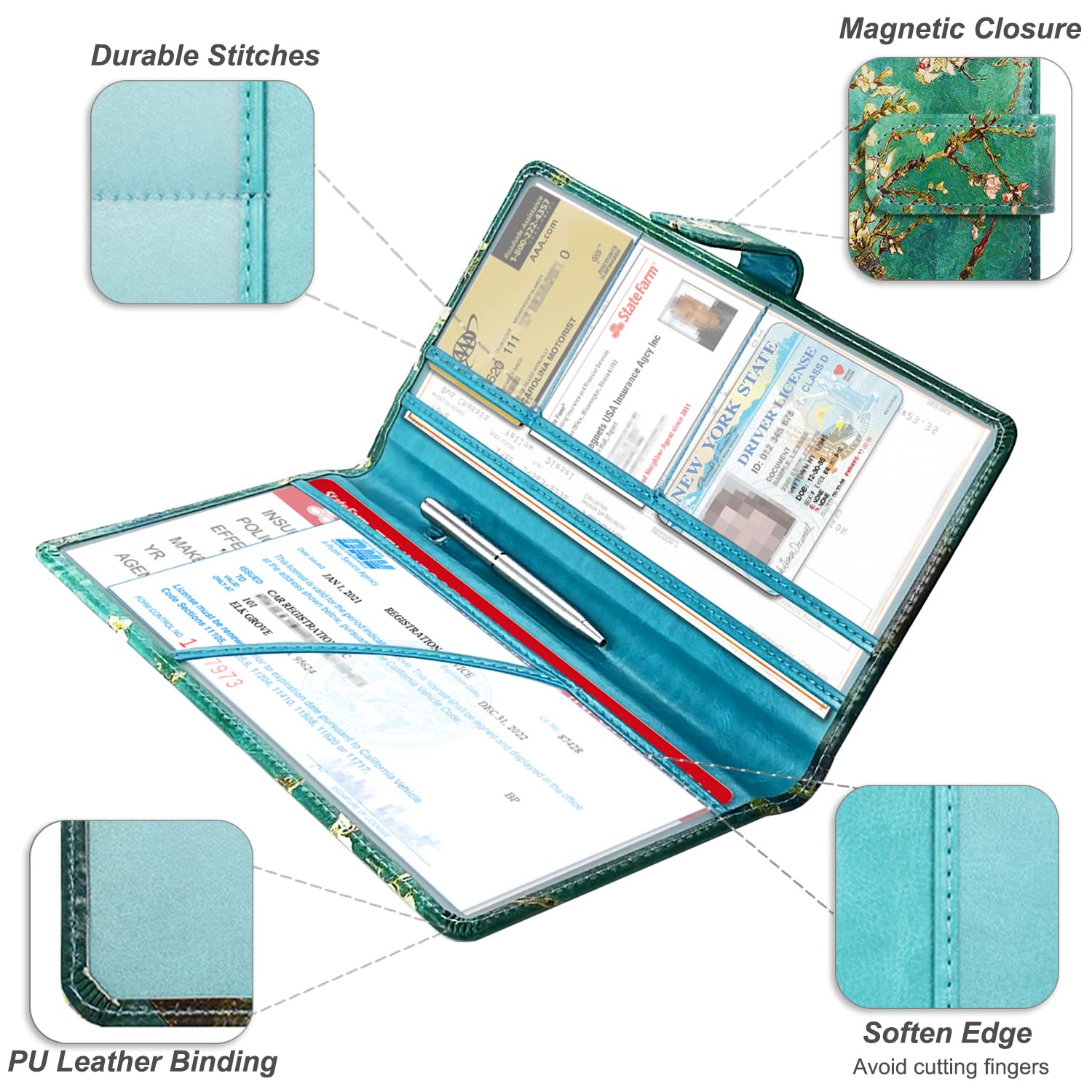 Rsaquar Car Registration And Insurance Holder, Leather Car Glove Box Organizer, Cool Car Accessories For Id, Driver'S License Cards & Essential Document, Men&Women, Almond Blossom