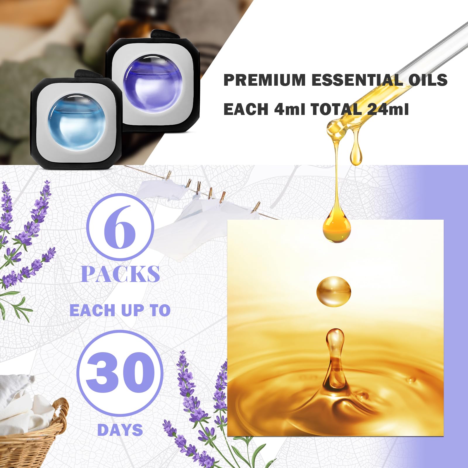 SCENTORINI Car Air Freshener, Variety Pack, Car Air Freshener Vent Clips, 3 Linen & 3 Lavender Scent, Pack of 6, Up to 180 Days,