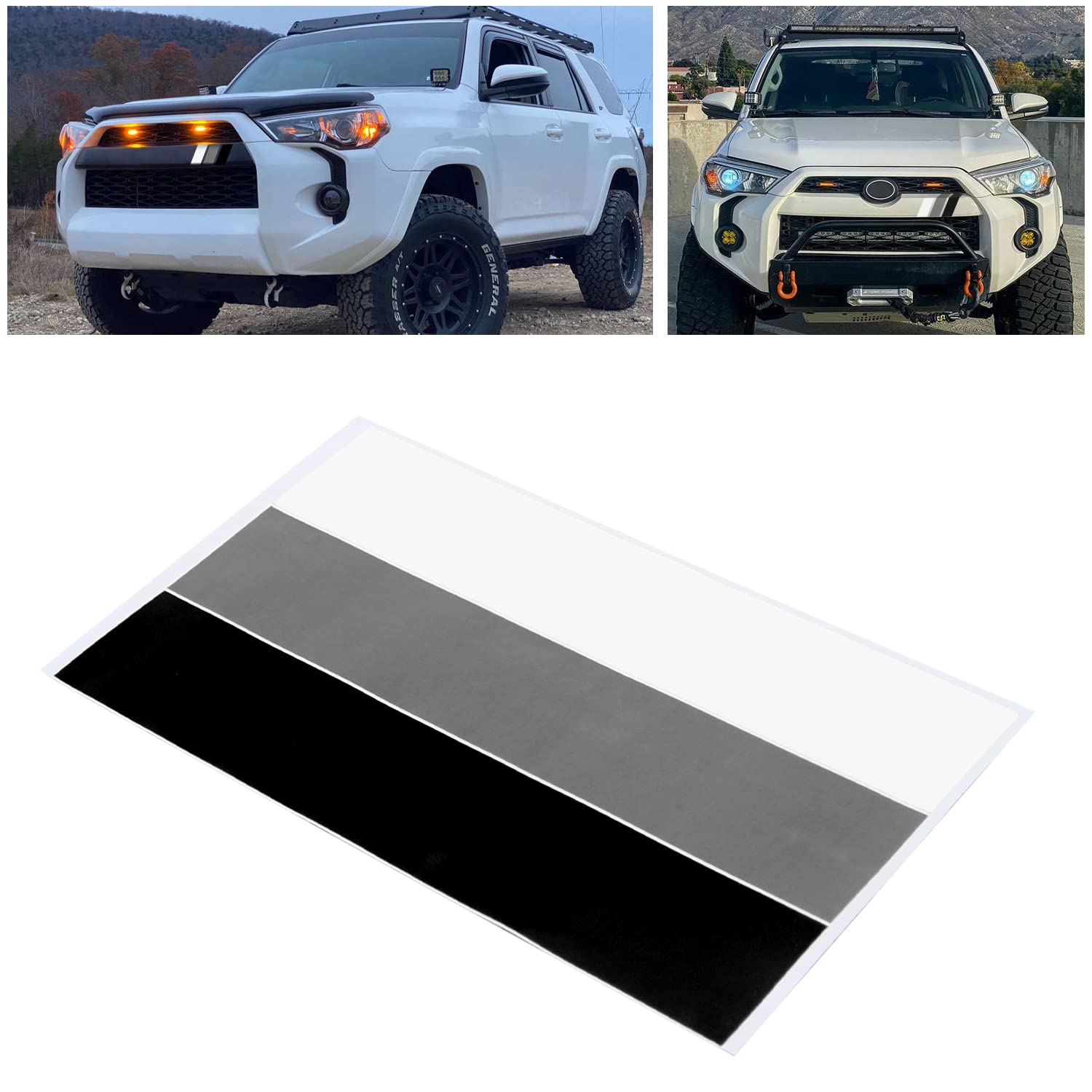 Mochent 2 Pcs 10-Inch Classic Retro Tri-Color Stripe Decal Sticker For Toyota Tacoma 4Runner Tundra Rav4 Accessories, Grille Fender Hood Side Skirt Bumper Side Mirror Dashboard Decoration (White/Light Gray/Black)