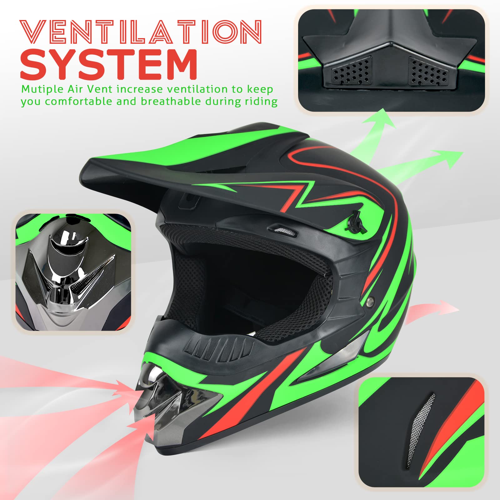 Sanqing Motocross Helmet Fashion Youth Adult Dirt Bike Helmet Unisex-Adult Dirt Bike Off-Road Mountain Bike Motorcycle Helmet Dot Approved (Gloves Goggles Face Shield) 4Pcs Set (Large, Blackgreen)