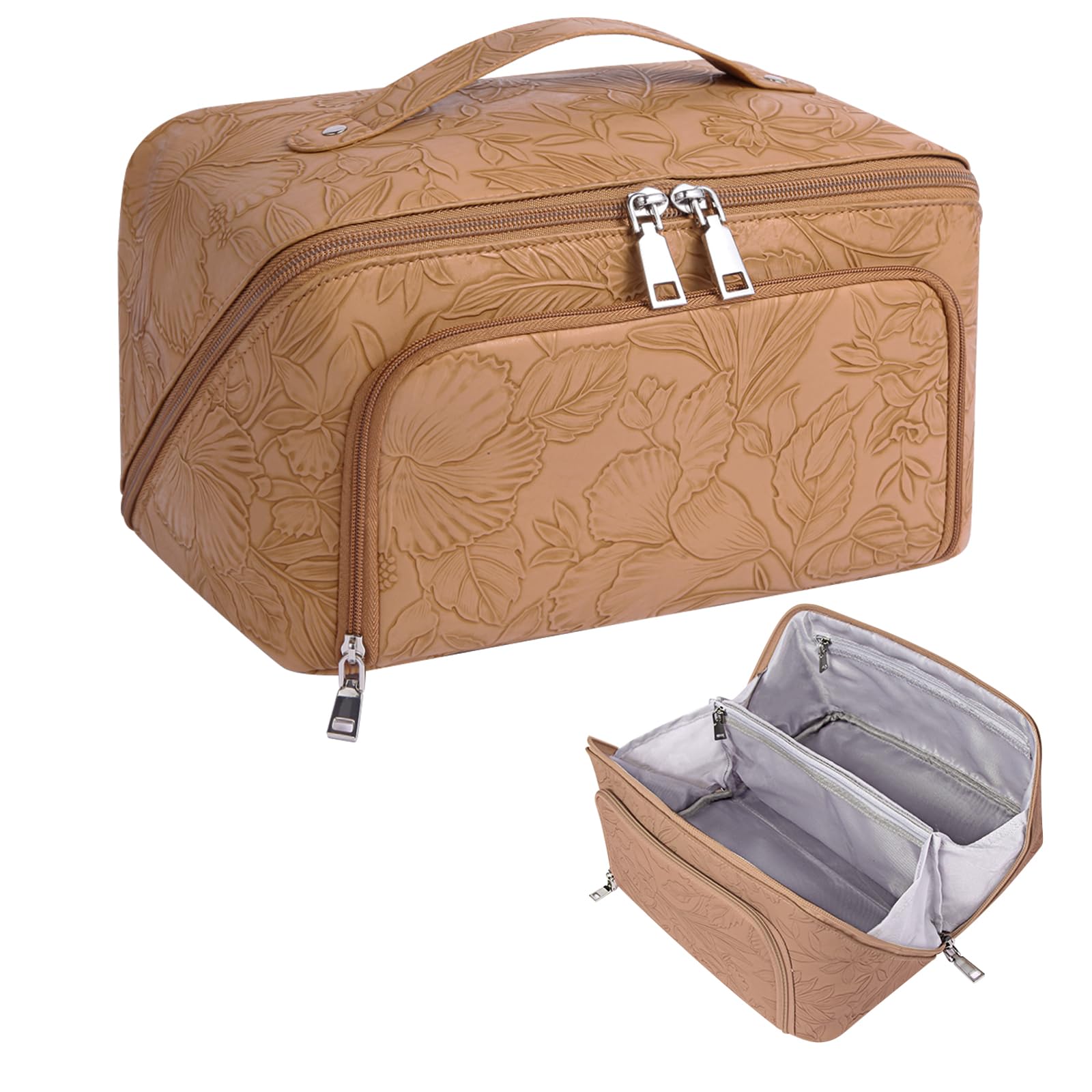 GERYUAEG Travel Makeup Bag  Large Capacity Cosmetic Bags for Women  Waterproof Lining and PU Leather Portable Pouch  Open Flat Toiletry Bag  Make up Organizer with Divider & Handle (Brown)-New