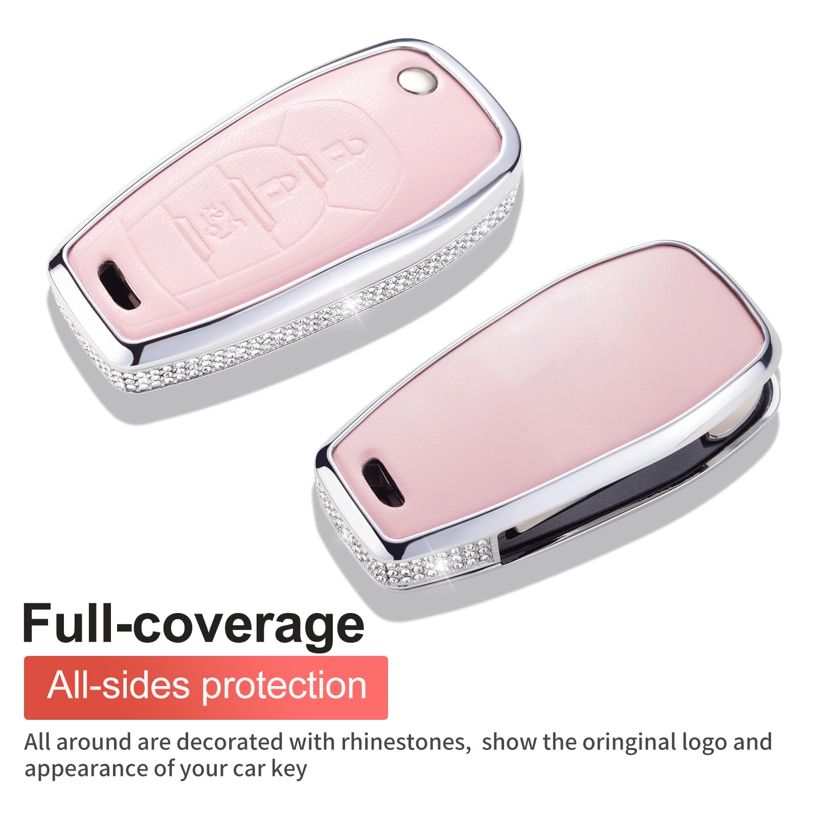 Ruabiban For Chevy Key Fob Cover With Keychain, Pink Genuine Leather Crystal Key Case Protection Shell Compatible With Chevrolet