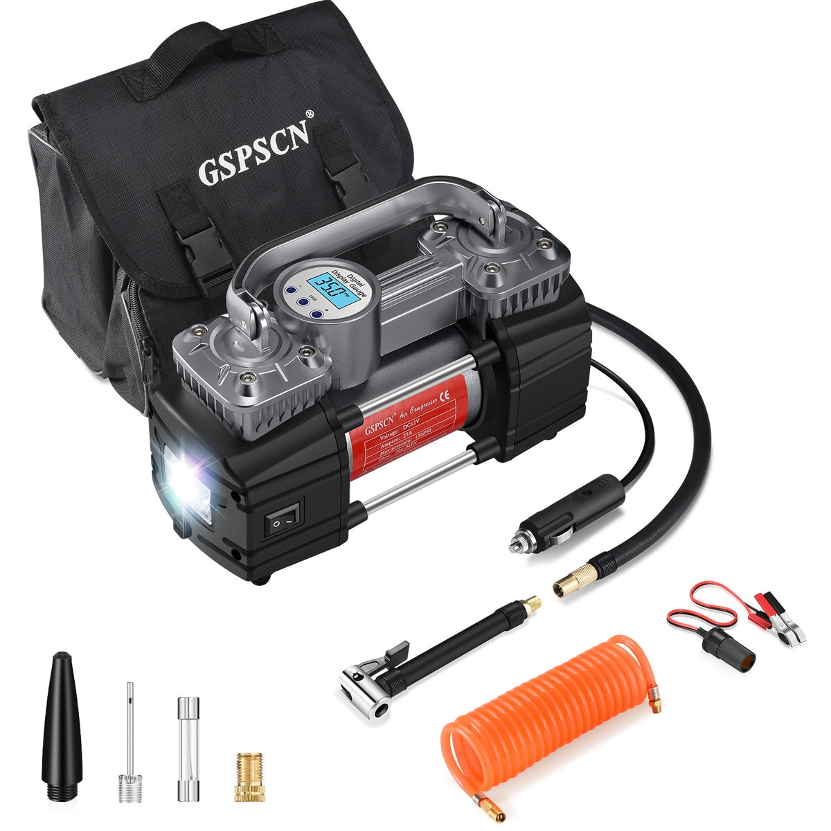 Gspscn Portable Digital Car Tire Inflator With Gauge 150Psi Auto Shut-Off, Heavy Duty Double Cylinders 12V Air Compressor Pump W
