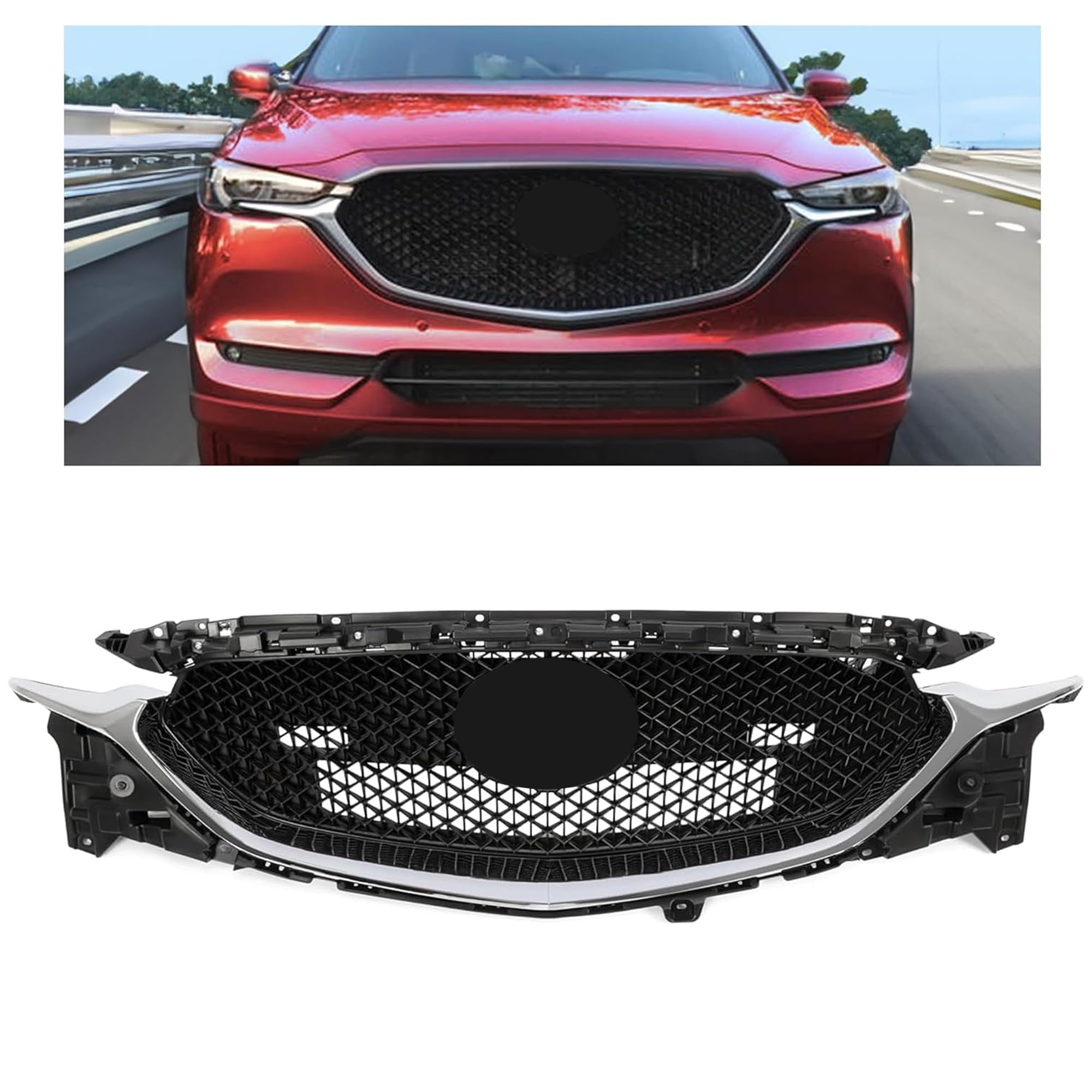 Hecasa Front Grille Compatible With 2017-2021 Mazda Cx-5 Cx5 Grill Assembly Grille Black+Silvery Chrome Plastic Replacemant For Kb8D-50-710J Ma1200215