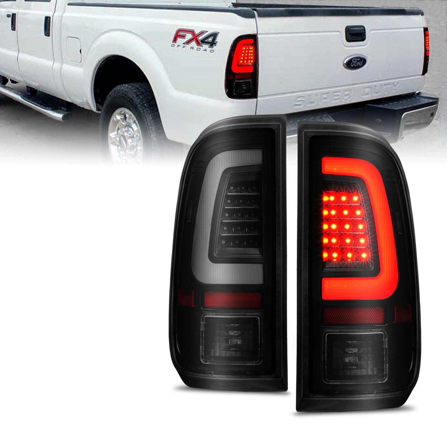 Amerilite For 2008-2016 Ford F250 F350 F450 Sd Pickup Truck Dark Black C-Type Led Tube Replacement Tail Lights W/Reverse Bulb - Passenger And Driver Side