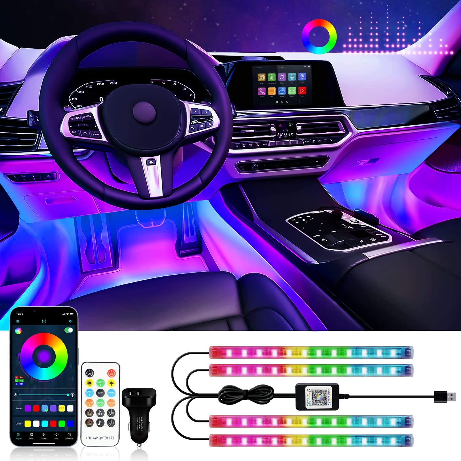 Rgb Interior Car Strip Lights With Smart App Control, Music Sync Under Dash Footwell Neon Internal Lighting Kit Multicolor,12V L