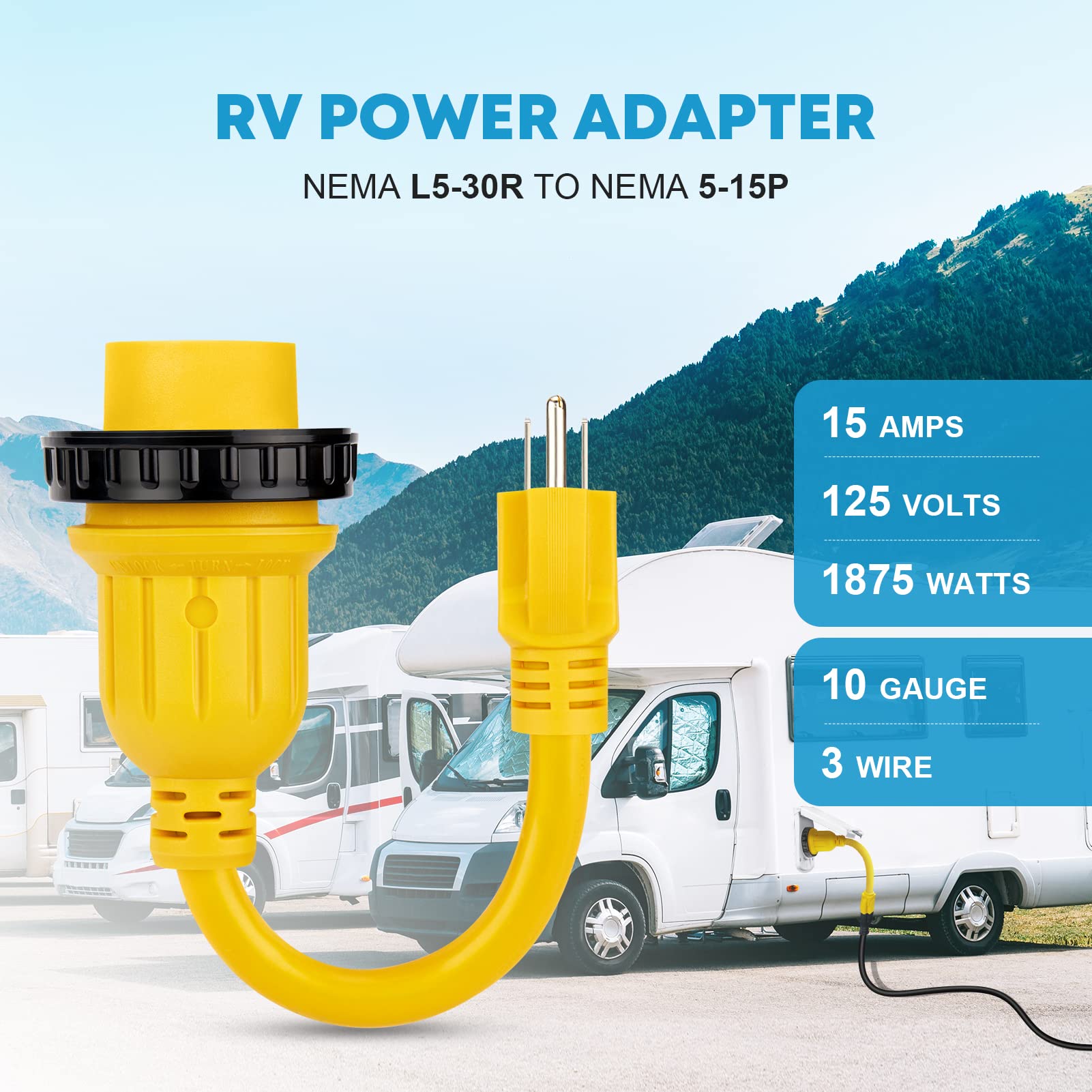 Kohree 30 Amp To 15 Amp 110 Rv Adapter Plug, 15A Male To 30A Female Rv Power Adapter, Nema 5-15P To L5-30R Twist Lock Rv Dogbone