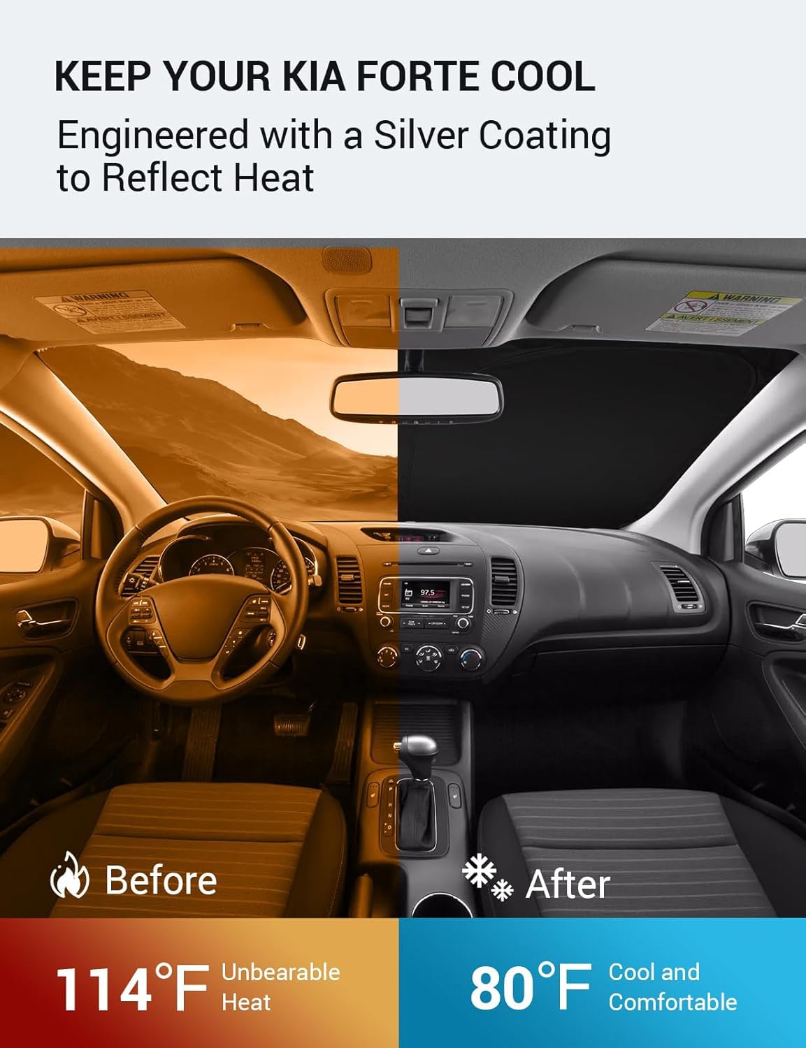 Proadsy Windshield Sun Shade for Kia Forte 2014-2018, Black & Silver Foldable Front Window Sunshade Protector, Custom Fit Accessories