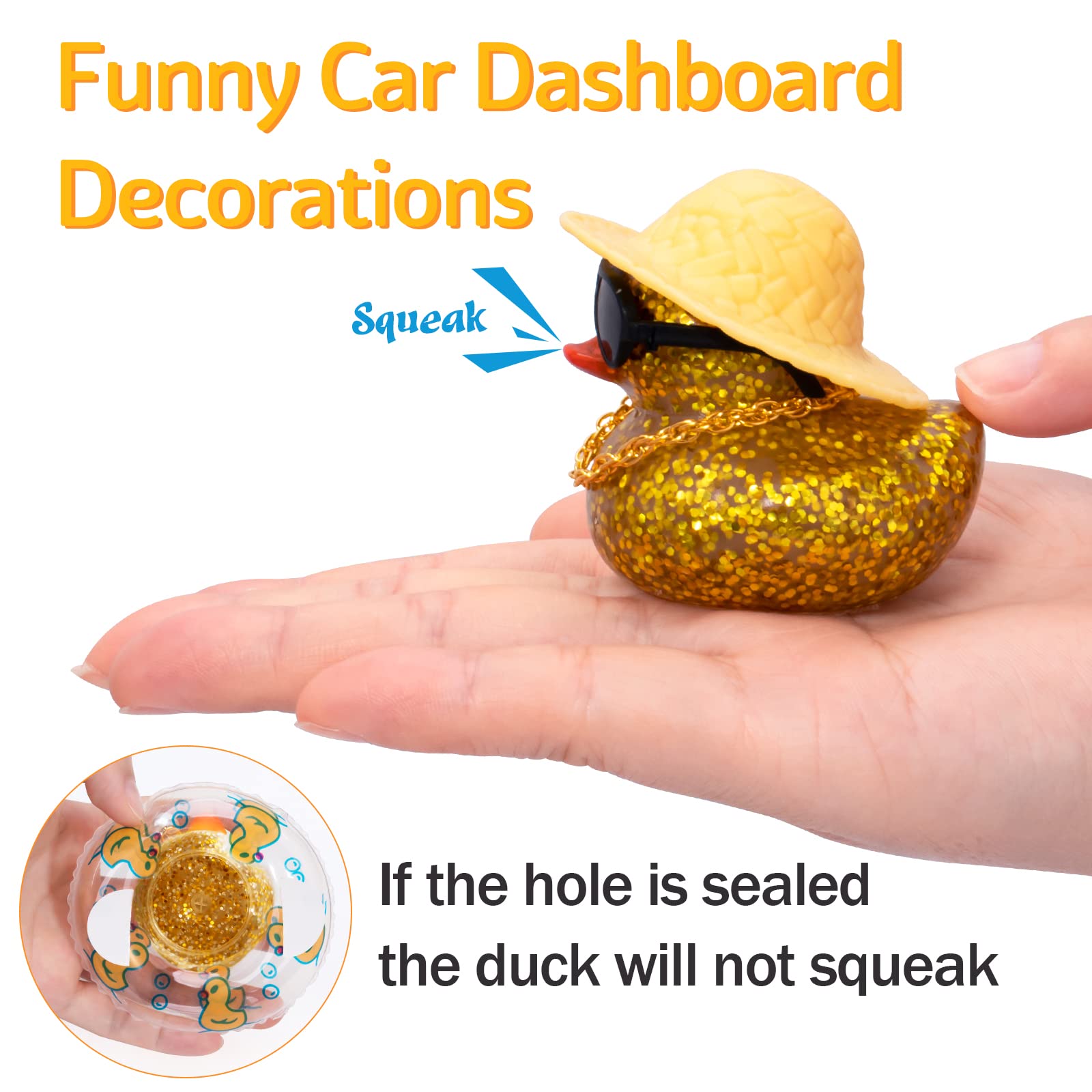 Wonuu Shining Rubber Ducks With Plastic Sunglasses Swim Ring Necklace Hat, Glittering Cute Car Accessories Decor Dashboard Decor