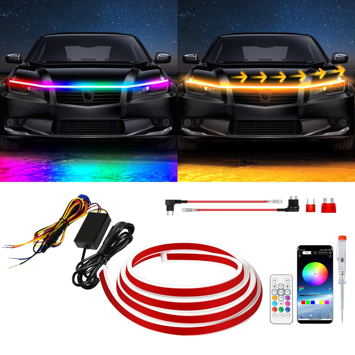 Exterior Car Led Hood Light Strip,Rgb Multicolor Dynamic Scan Start Up Hoodbeam Kit L,12V Updated Waterproof Hood Glow Lights Fo