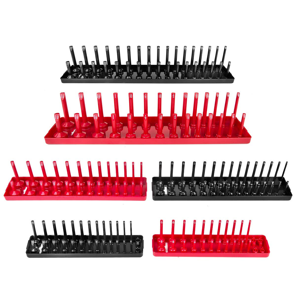 6PCS Socket Organizer Tray Set, Red SAE & Black Metric Socket Storage Trays, 1/4Inch, 3/8Inch & 1/2Inch Drive Deep and Shallo