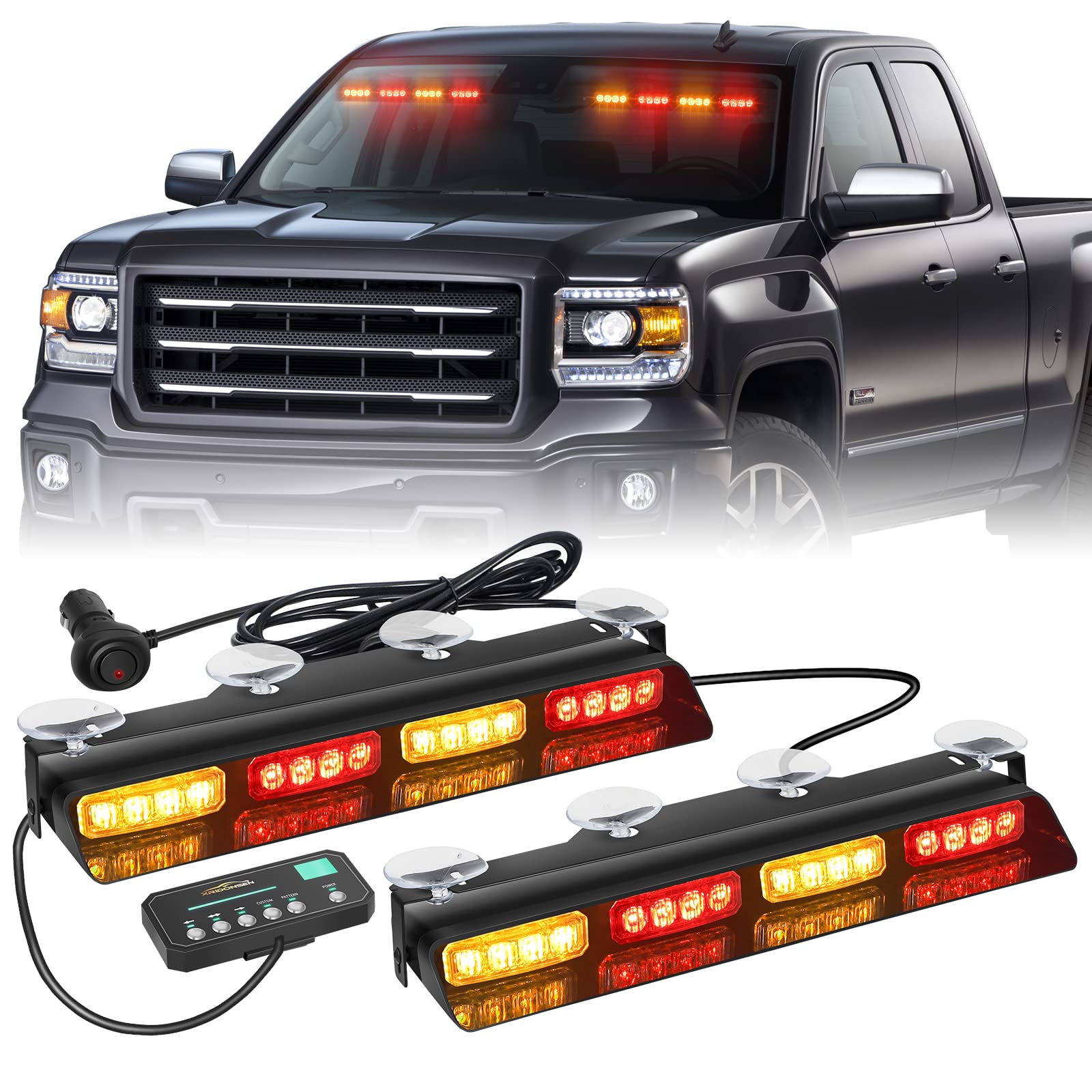 Xridonsen Amber Red Emergency Dash Strobe Lights Safety Flashing Warning Hazard Interior Front/Rear Windshield Deck Split Light