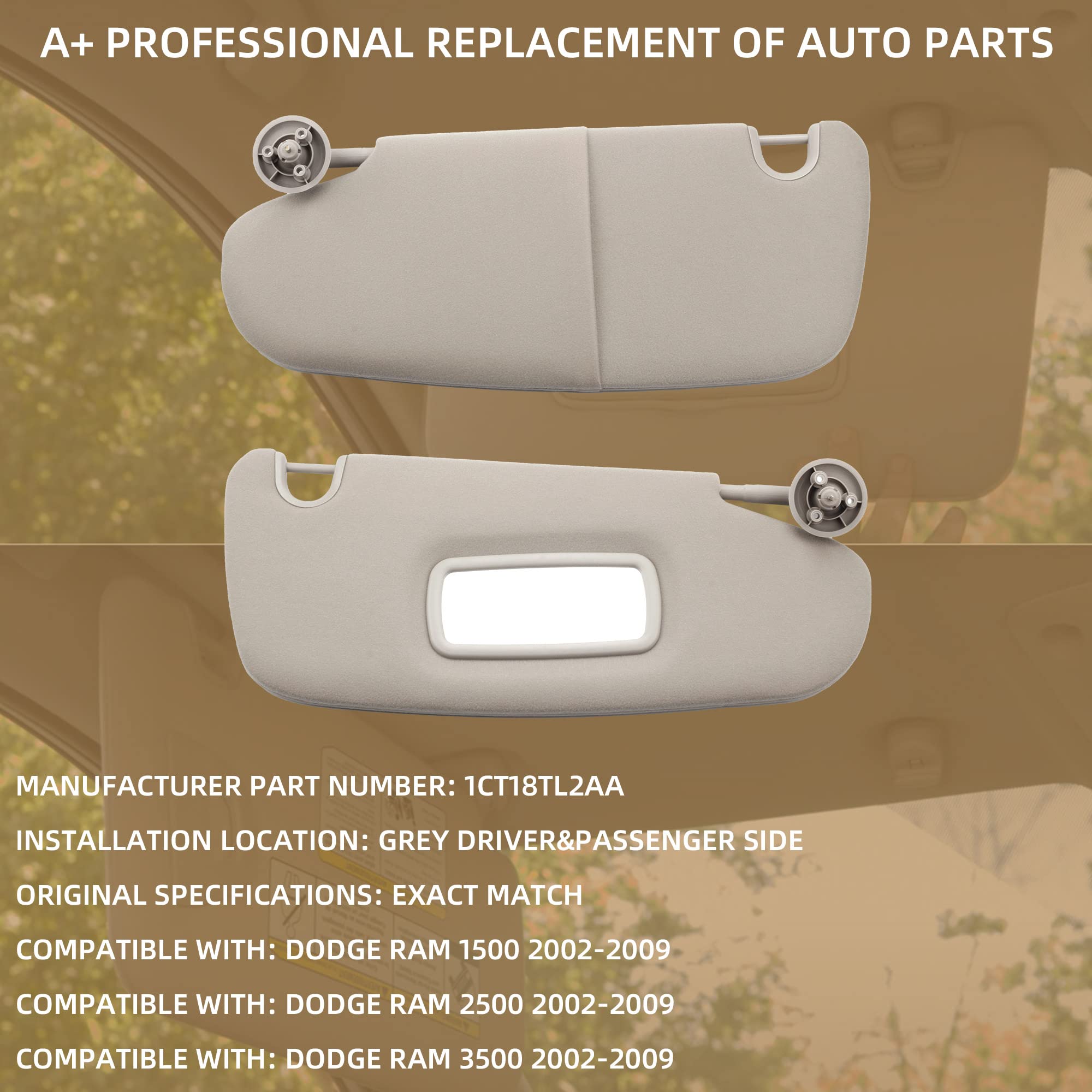 Dasbecan Gray Pair Car Sun Visor Compatible With Dodge Ram 1500 2500 3500 2002 2003 2004 2005 2006 2007 2008 2009 Replaces# 1Ct1