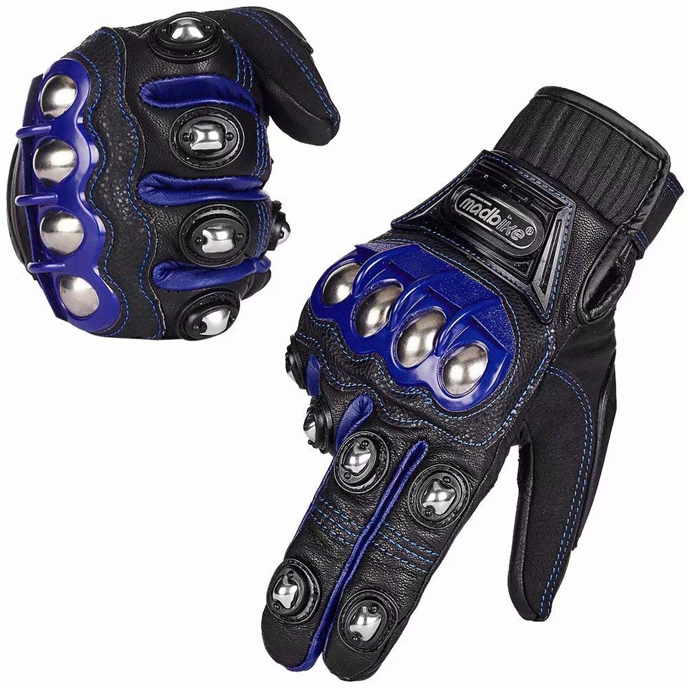 Ilm Alloy Steel Leather Hard Knuckle Touchscreen Motorcycle Bicycle Motorbike Powersports Racing Gloves (M, (Leather) Blue) Model 10Cl