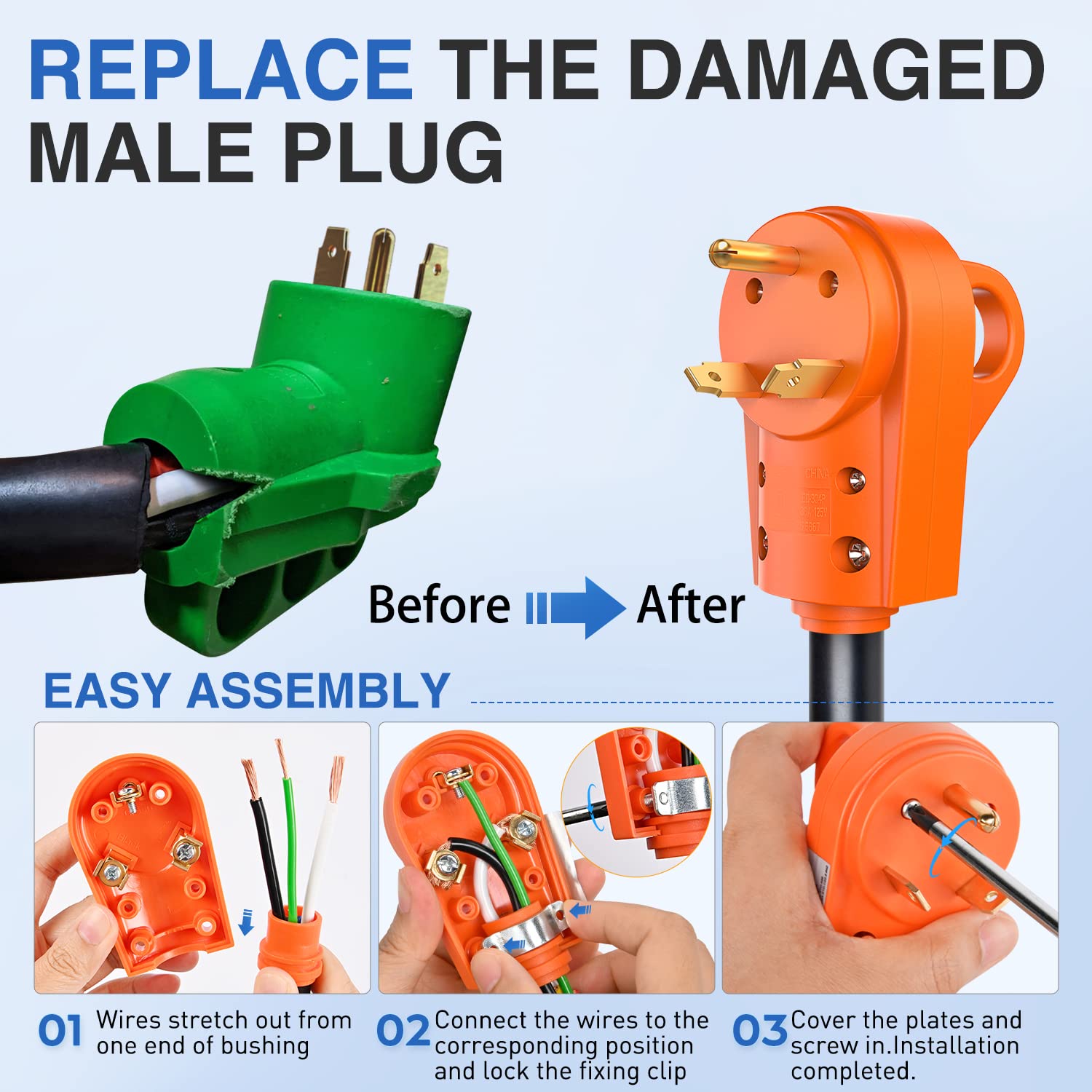 Nilight 30 Amp Rv Replacement Plug 125 Volt Heavy Duty Male With Handle Etl Listed Nema Tt-30P For Camper Caravan Motorhome Van