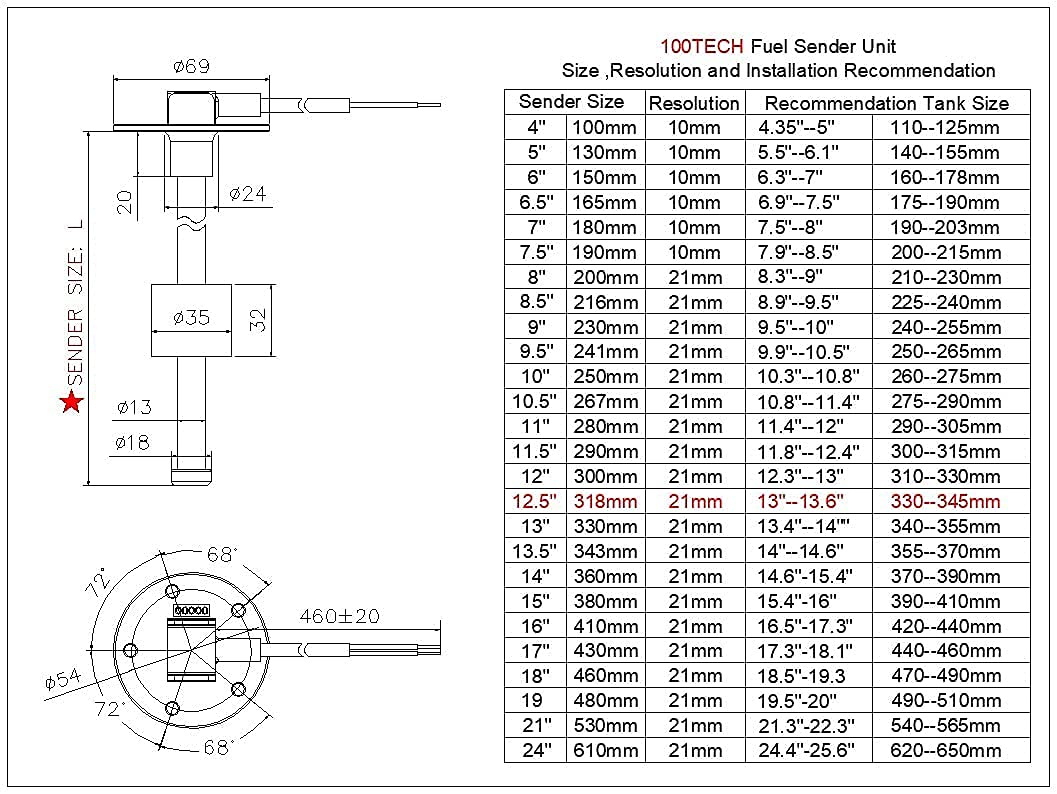 100TECH Boat Sending Unit for Fuel Tank Boat Fuel Sender Marine Fuel Sending Unit Sensor for Boat Truck Car 12.5''(318mm) Diesel