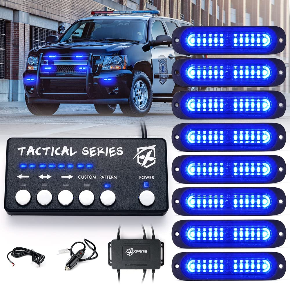 Xprite Blue Led Surface Mount Strobe Police Lights Kit, Emergency Safety Warning Flashing Grille Cop Marker Light For Volunteer Vehicles Trucks Atv Utv Cars Vans Motorcycle - 8Pcs
