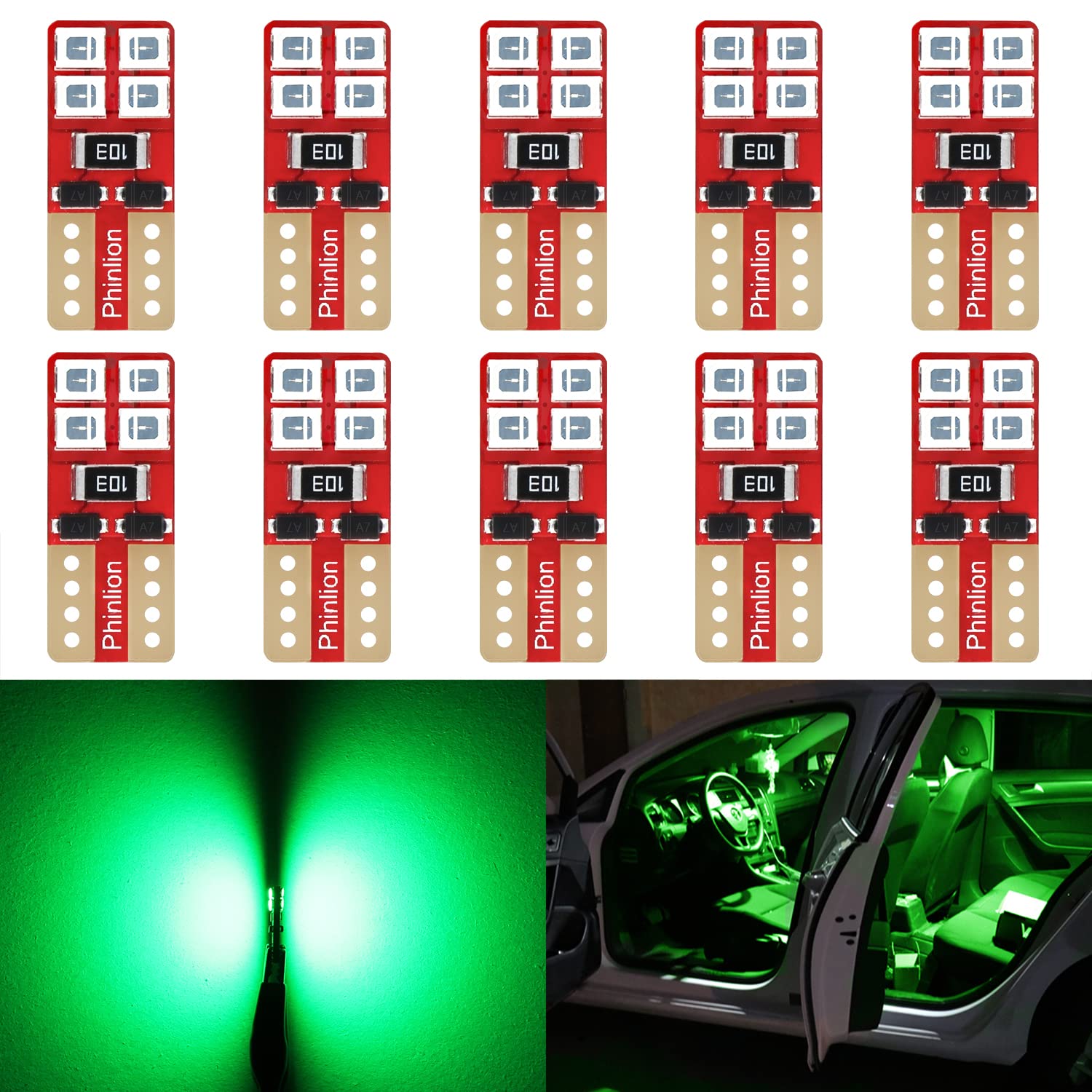 Phinlion 168 194 Green Led Bulb Super Bright Wedge 2825 175 T10 8-Smd Chipsets Led Replacement Bulbs For Car Interior Dome Map D