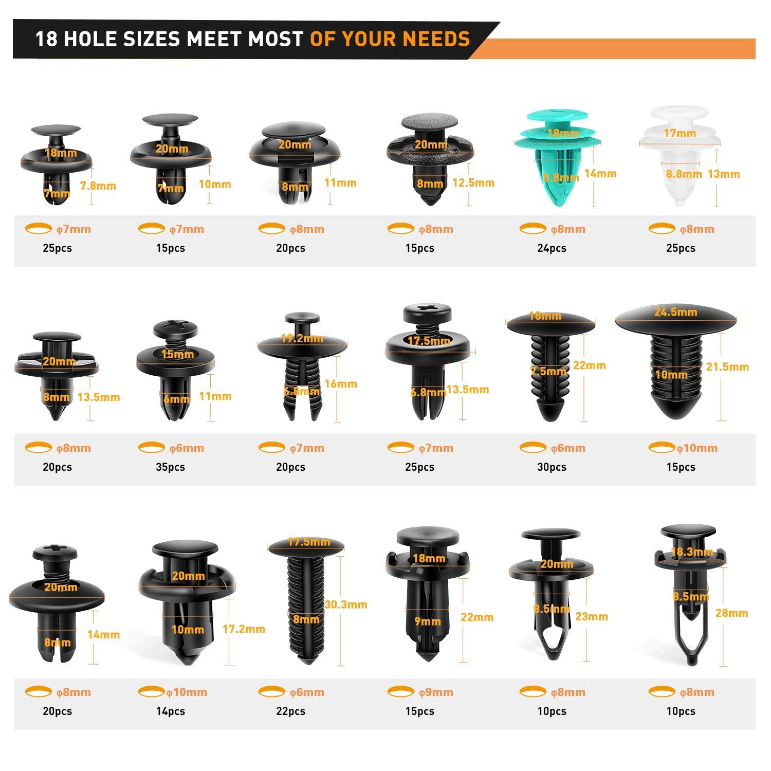 Gooacc - Grc-34 Push Bumper Fastener Rivet Clips With 18 Most Popular Sizes Auto Push Pin Rivets For Benz, Bmw, Toyota, Honda, Subaru, Nissan, Mazda Etc