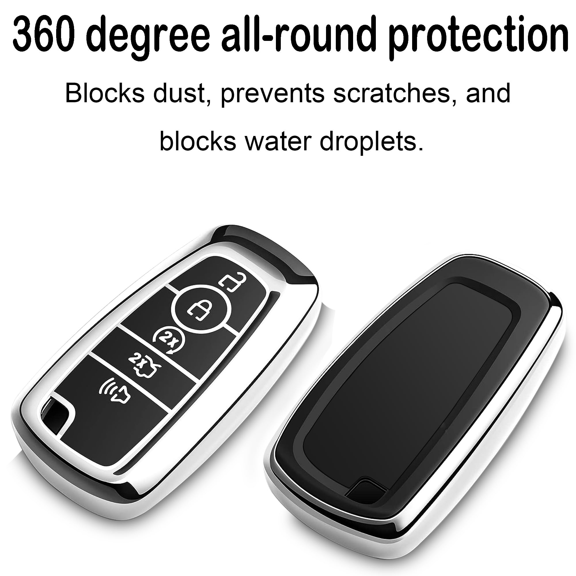 Kirsnda For Ford Key Fob Cover Case,With Keychain Fit Expedition For Mustang Fusion Raptor F250 F350 F450 F550 Edge Explorer Smart Remote Vehicle Accessories,Soft Tpu Key Case,5 Buttons(Silver)