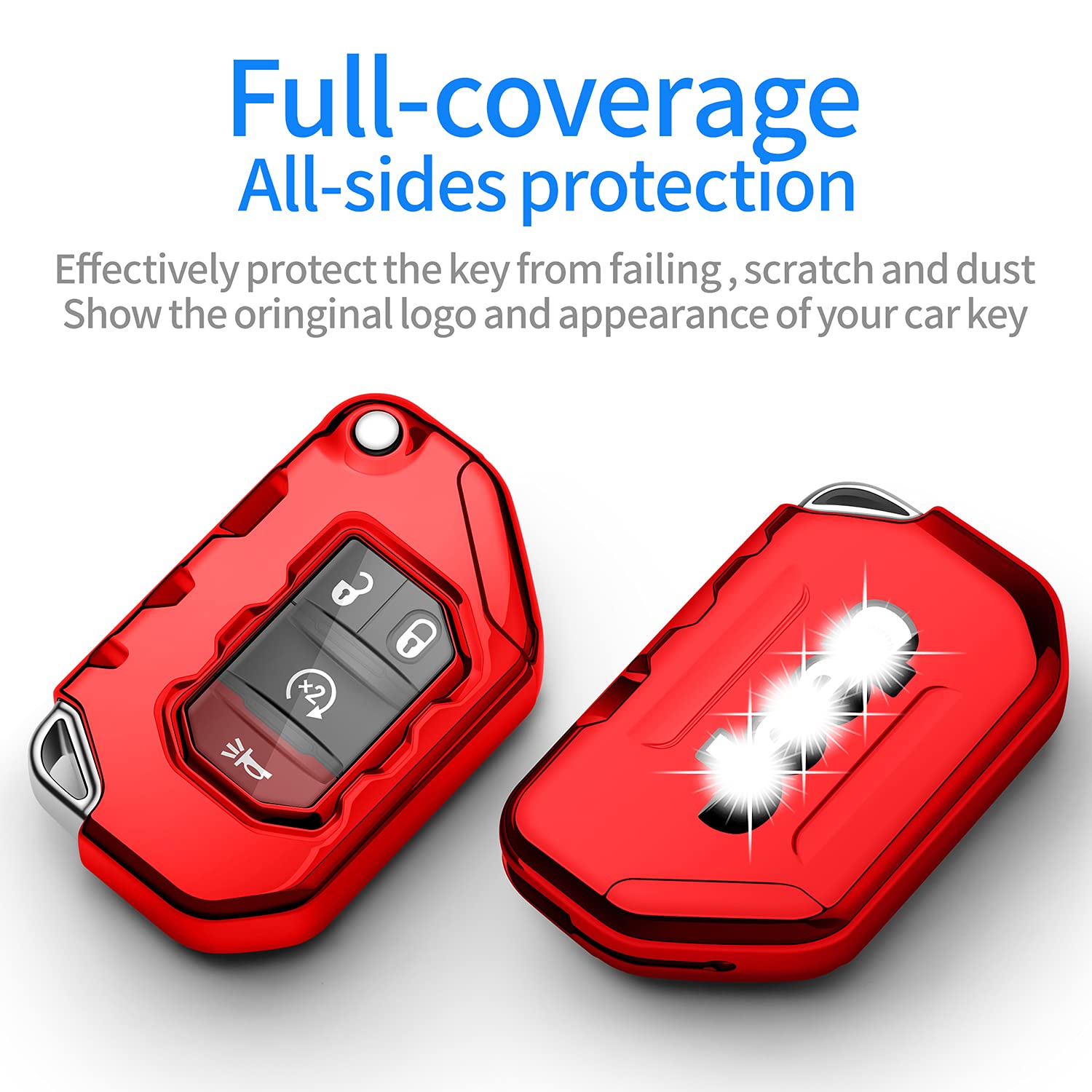 Autophone Jeep Key Fob Cover with Leather Keychain, Soft TPU Protection, Hot Red for 2018-2021 Wrangler JL Gladiator Remote Key