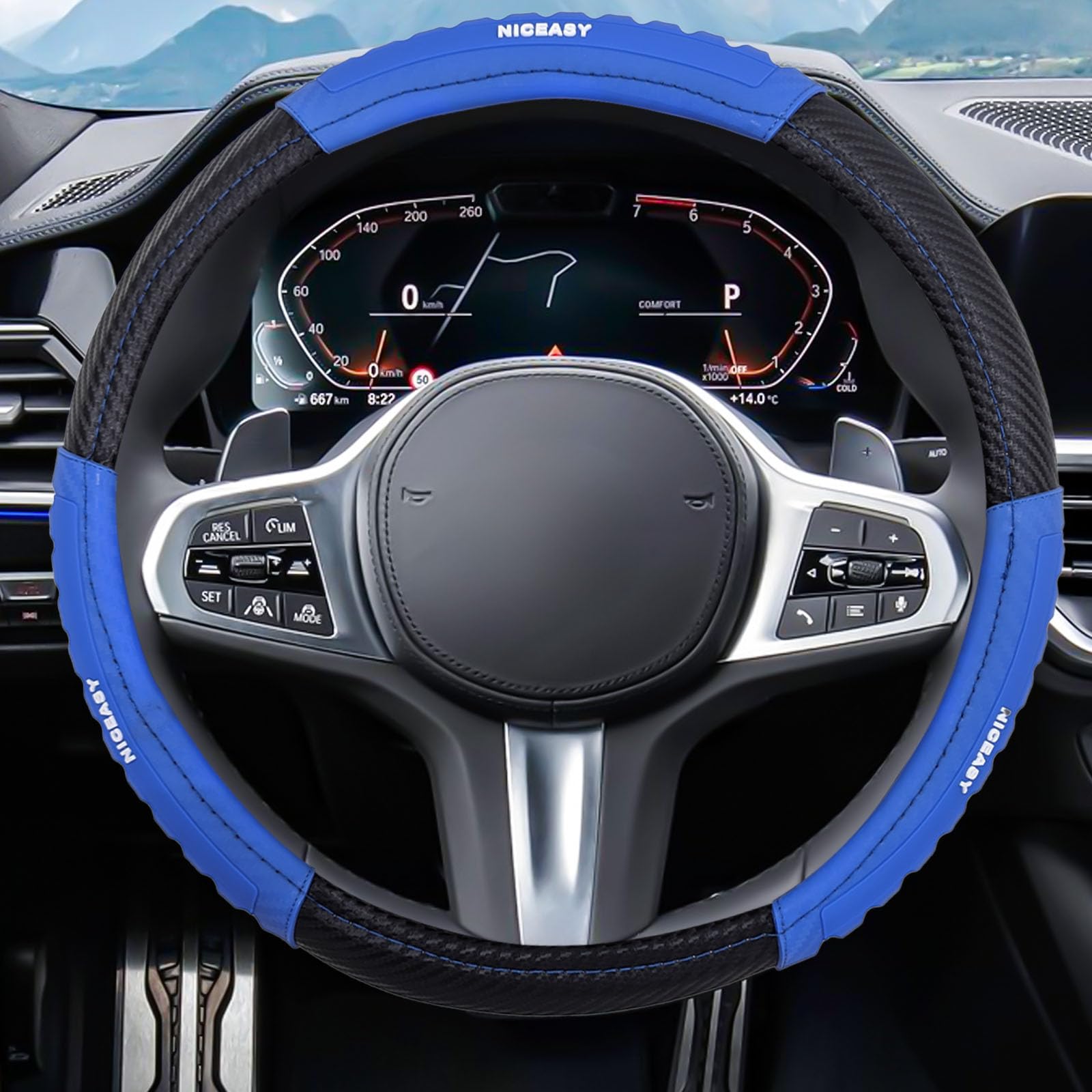 Niceasy Sport Style Black Carbon-Fiber Steering Wheel Cover With Blue Strip Grip Steering Wheel Accessory,Universal Fit 14.5-15.25 Inch Steering Wheel
