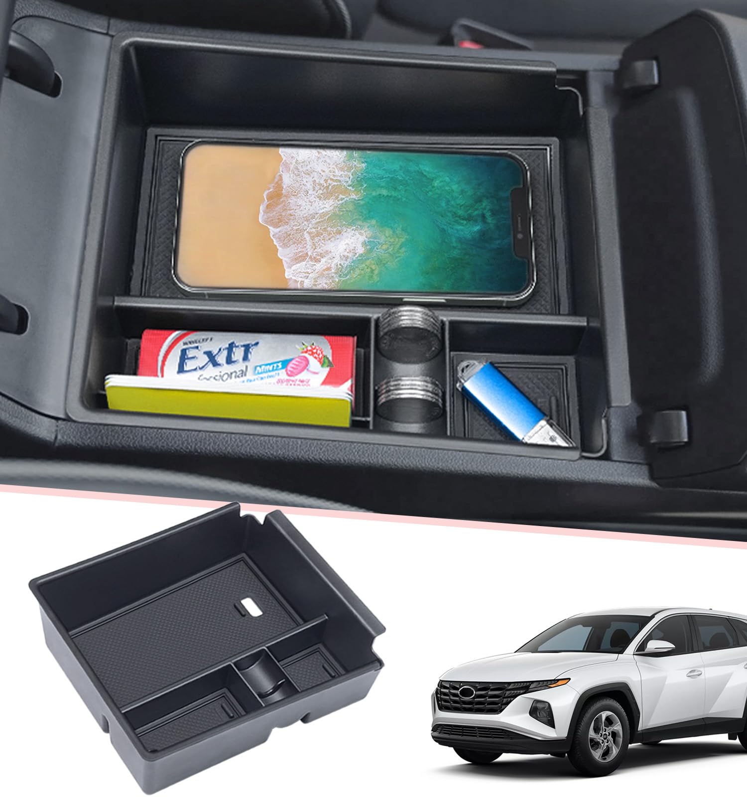 Pimcar Compatible With 2022-2024 Hyundai Tucson Limited/Tucson Hybrid Sel(Automatic Transmission Only)& 2022-2024 Santa Cruz Center Console Organizer Armrest Box Insert Tray Accessories -Black Mat