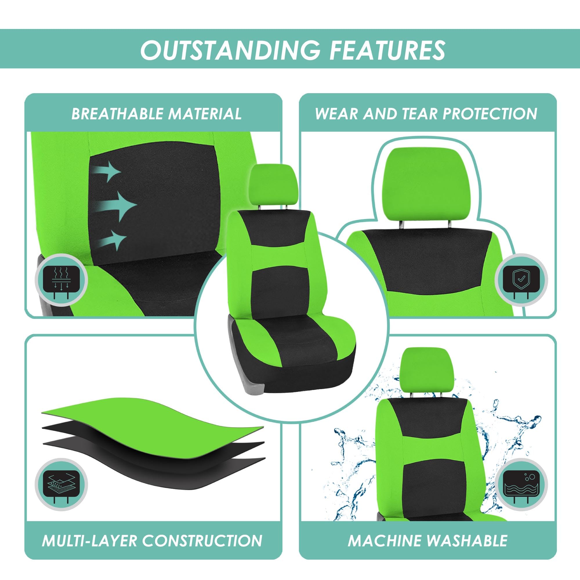 FH Group Green Automotive Seat Covers Combo Set with Steering Wheel Cover & Seat Belt Pad - Universal Fit for Cars, SUVs & Trucks