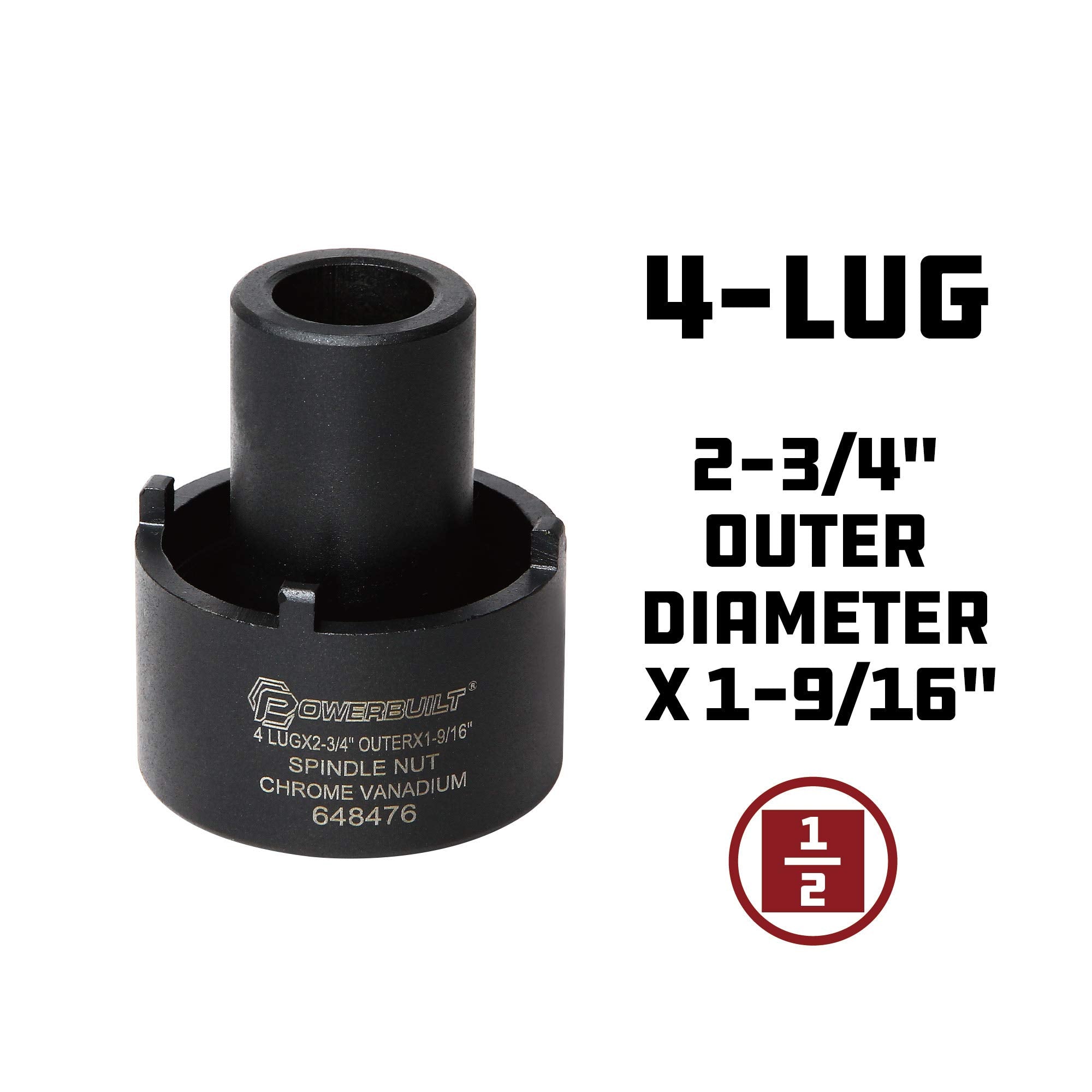 Powerbuilt Spindle Nut Socket, 4 Lug, 2-3/4-Inch Outer, Ford, Easy Removal Of Spindle Nuts, 2Wd Rear Axles, Rotating Locknut - 648476, Black