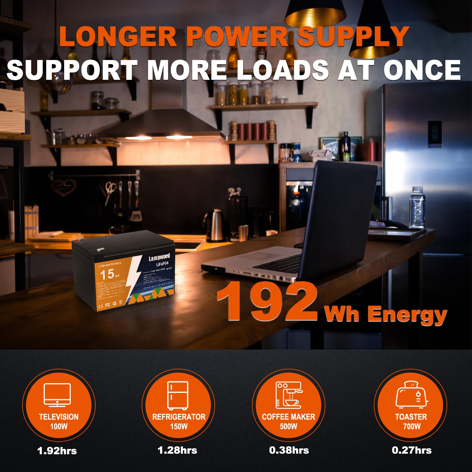 Lampword 12V 15Ah LiFePO4 Battery - Deep Cycle Rechargeable for Trolling Motor, Golf Cart, Solar Power, Model PH1215