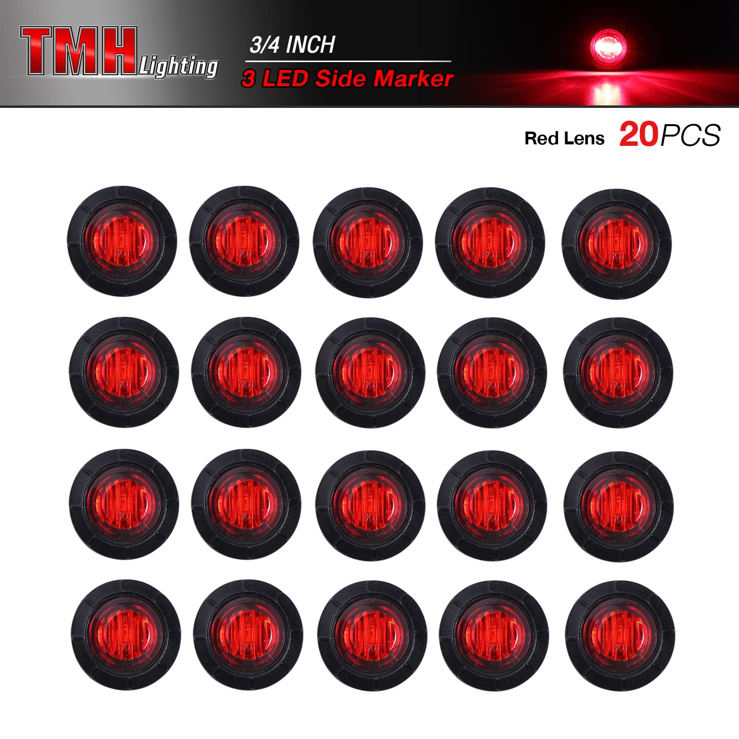 Tmh (Pack Of 20 3/4 Inch Mount Red Led Clearance Bullet Marker Lights, Side Led Marker Lights For Trailer Truck Rv Car Bus Van