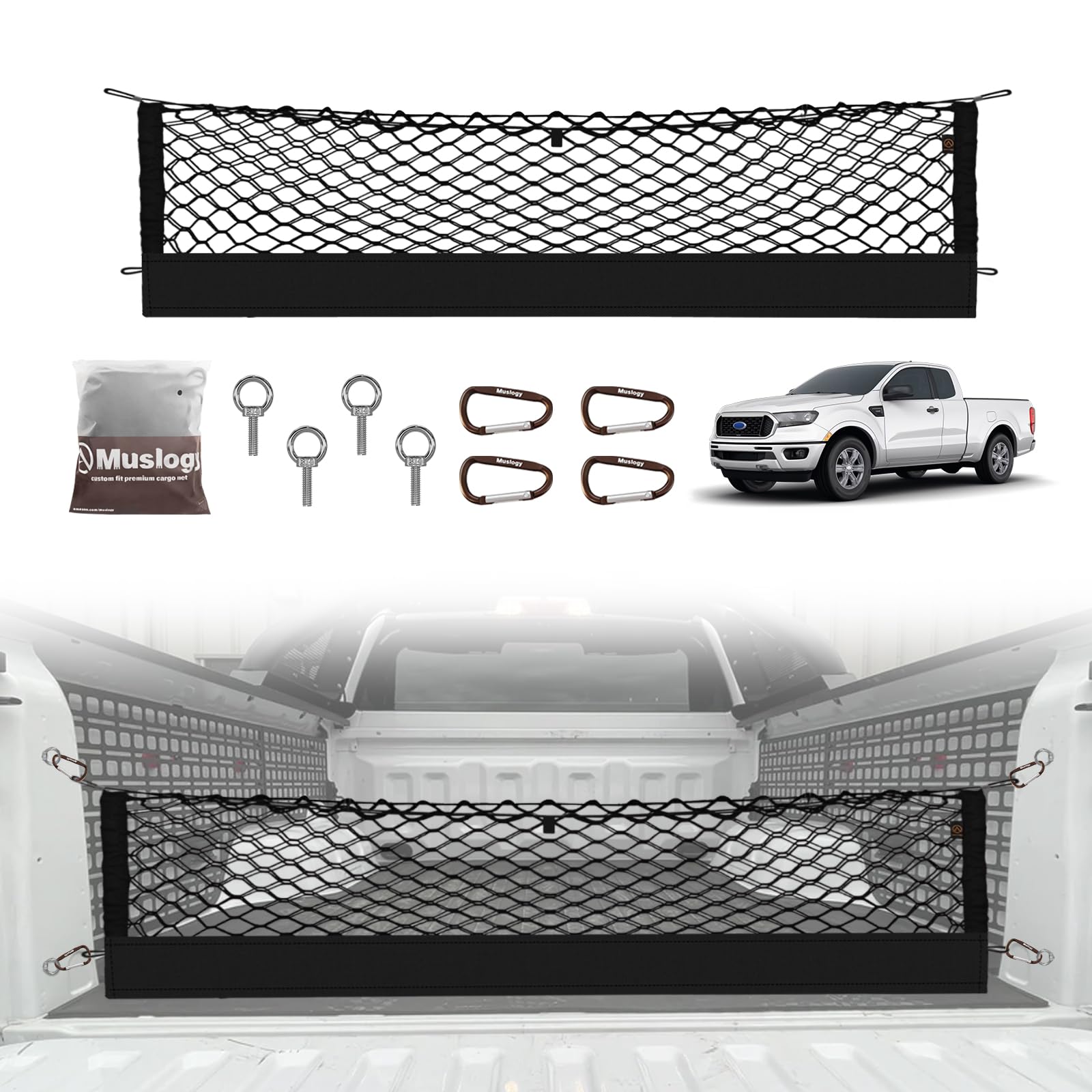 Muslogy Truck Bed Cargo Net Compatible With Ford Ranger 2019-2023 Accessories Storage Organizer Pickup Truck Bed Envelope Style