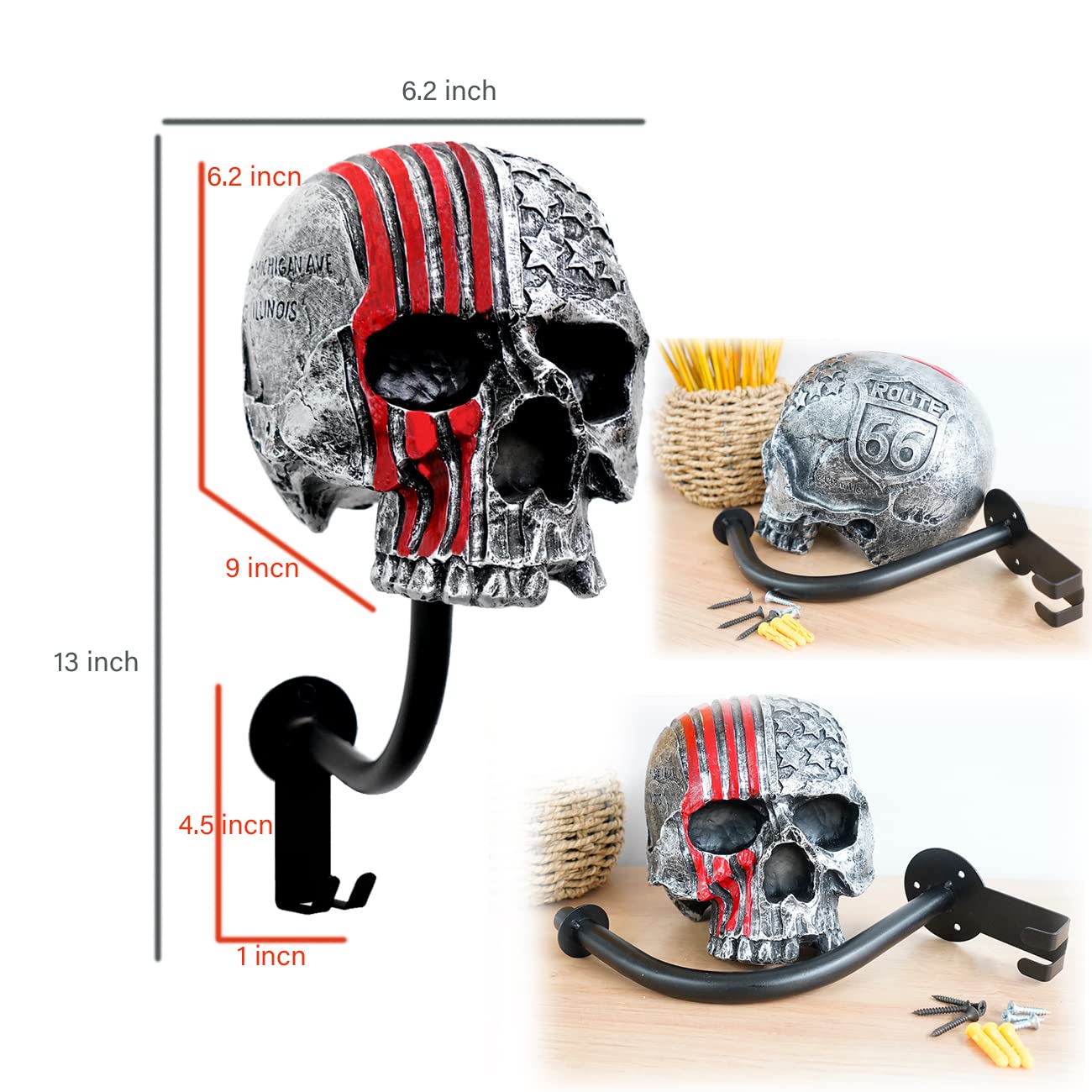 Skull Helmet Holder Motorcycle Helmet Rack, Red Helmet Holder Wall Mount With 2 Hooks Helmet Hanger For Coats, Caps, Baseballs A