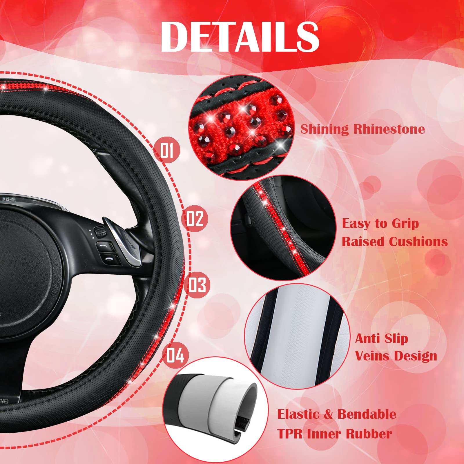 Car Pass Bling Diamond Black Leather Steering Wheel Cover, Studded Crystal Rhinestones Universal Fit 14' 1/2-15' Glitter For Women Sparkle Girl Fit Suvs,Vans,Sedans,Car,Trucks, Red Diamond