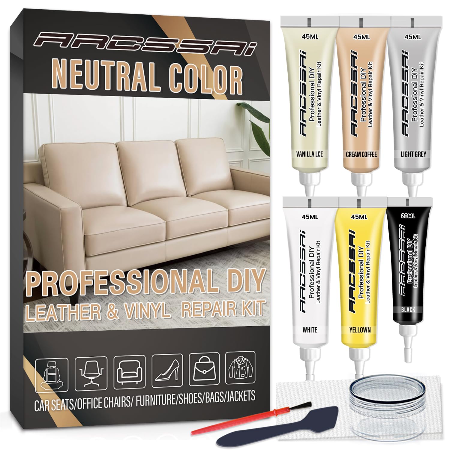 Neutral Color Leather Repair Kit For Furniture, Car Seats, Sofa, Jacket And Purse. Pu Leather Repair Paint Gel. Repair Tears & Burn Holes. Provide Color Matching Guide & Super Easy Instructions