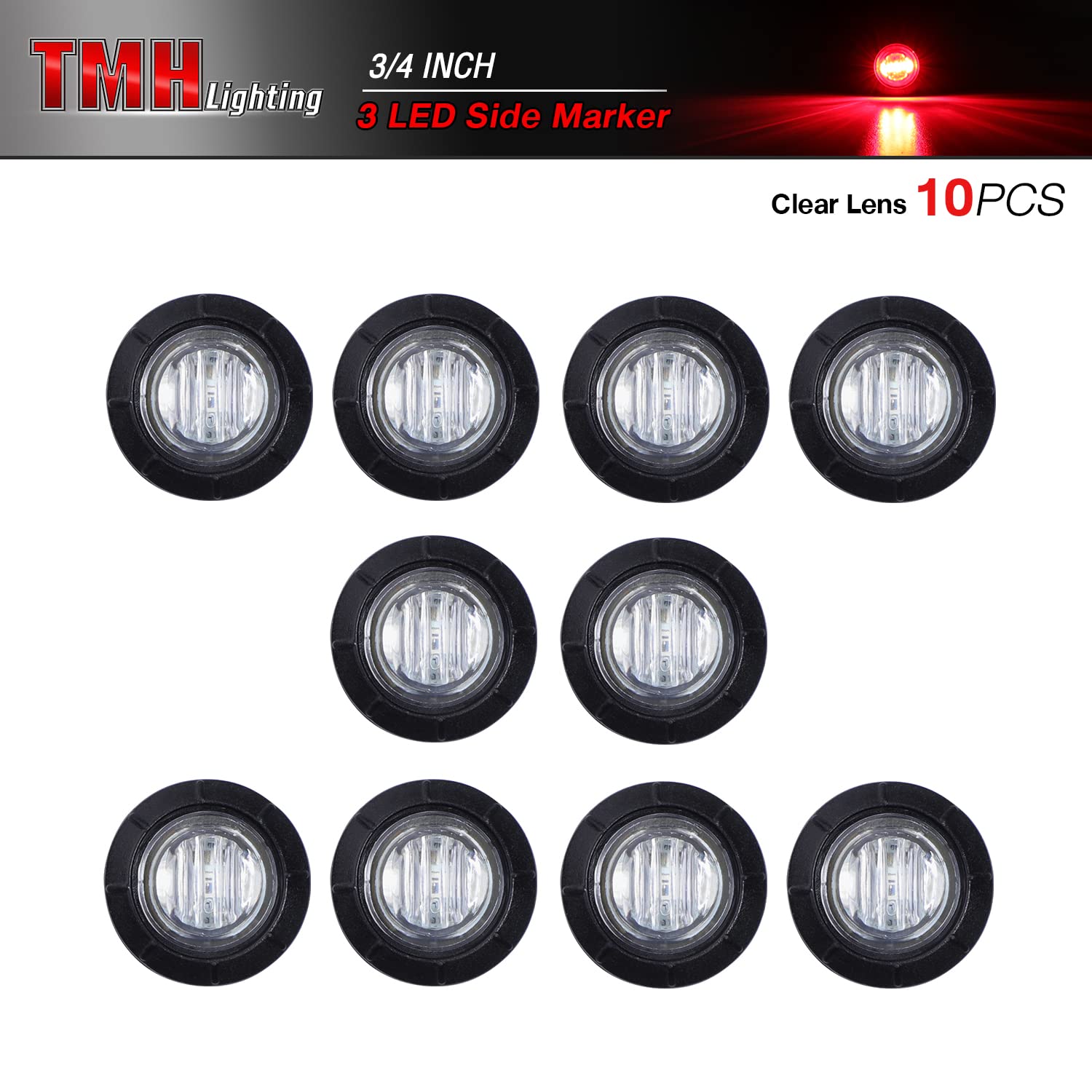 Tmh 10 Pcs 3/4 Inch Clear Lens Red Led 3 Diodes Round Clearance Side Marker Indicator Lights With Rubber For Pickup Truck Traile