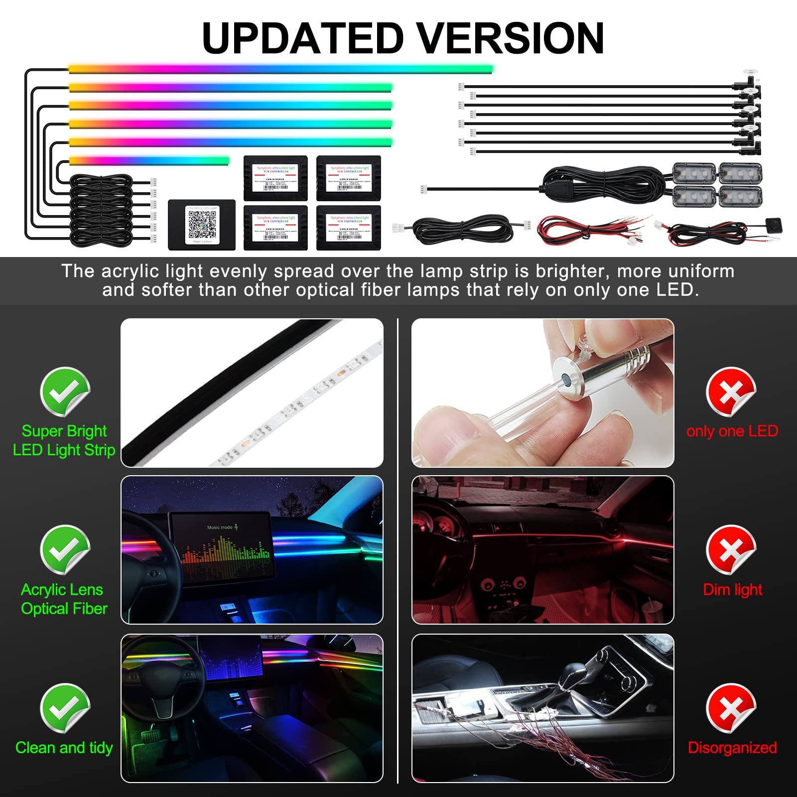 Dreamcolor Acrylic Interior Car Led Strip Light With Wireless App, Rgb 18 In 1 With 175 Inches 593 Leds Fiber Optic Ambient Ligh