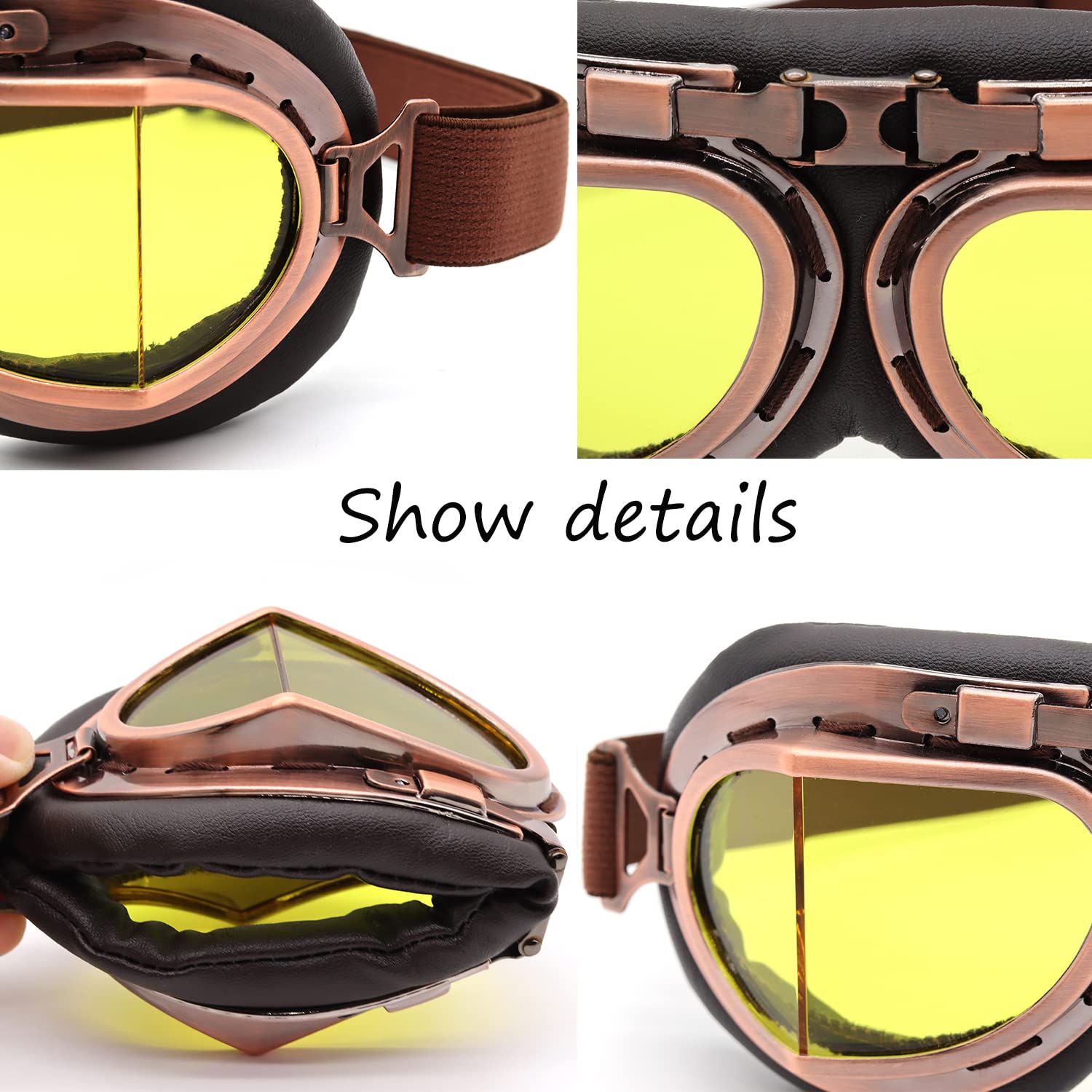 Kucehiup Vintage Aviator Goggles Motorcycle Goggles (Copper Frame Yellow Lenses)