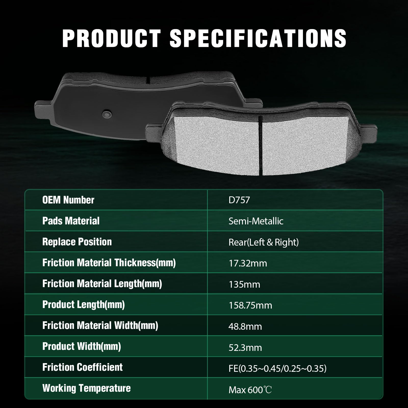 Automuto 4Pcs Rear Semi-Metallic Disc Brake Pads Set D757 For Ford For Excursion 2000-2005, For Ford For F-250 Super Duty 1999-2