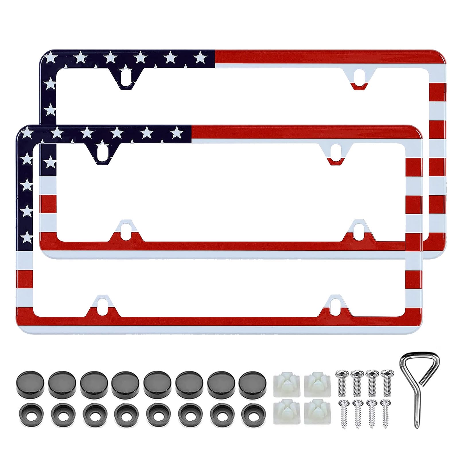 American Flag License Plate Frame - 2 Pack Classic Patriotic USA Flag Aluminum Metal License Plate Holder Covers, Rust-Proof Wat