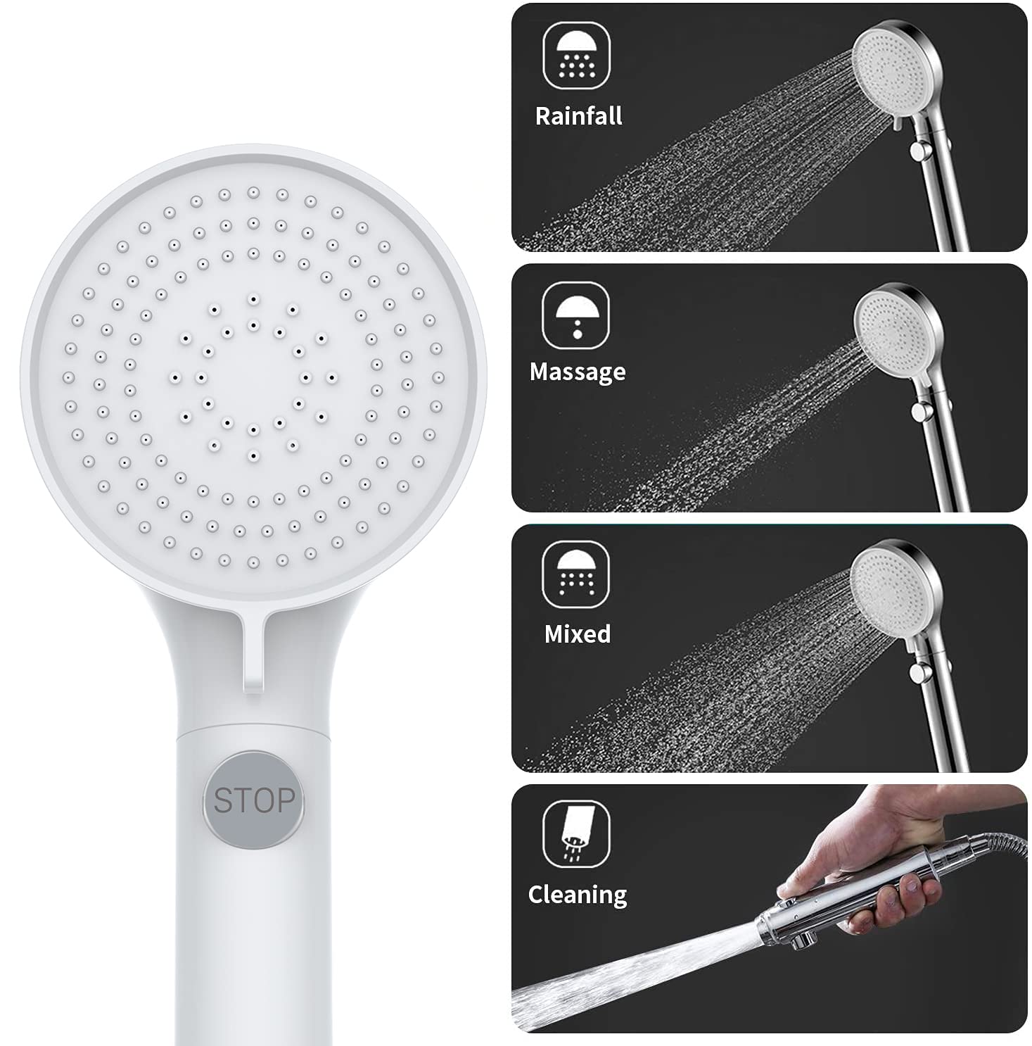 Rv Shower Head With Hose And On/Off Button, High Pressure 5 Mode Shower Head Replacement, Easy Install, White -Upgrade For Rv, C